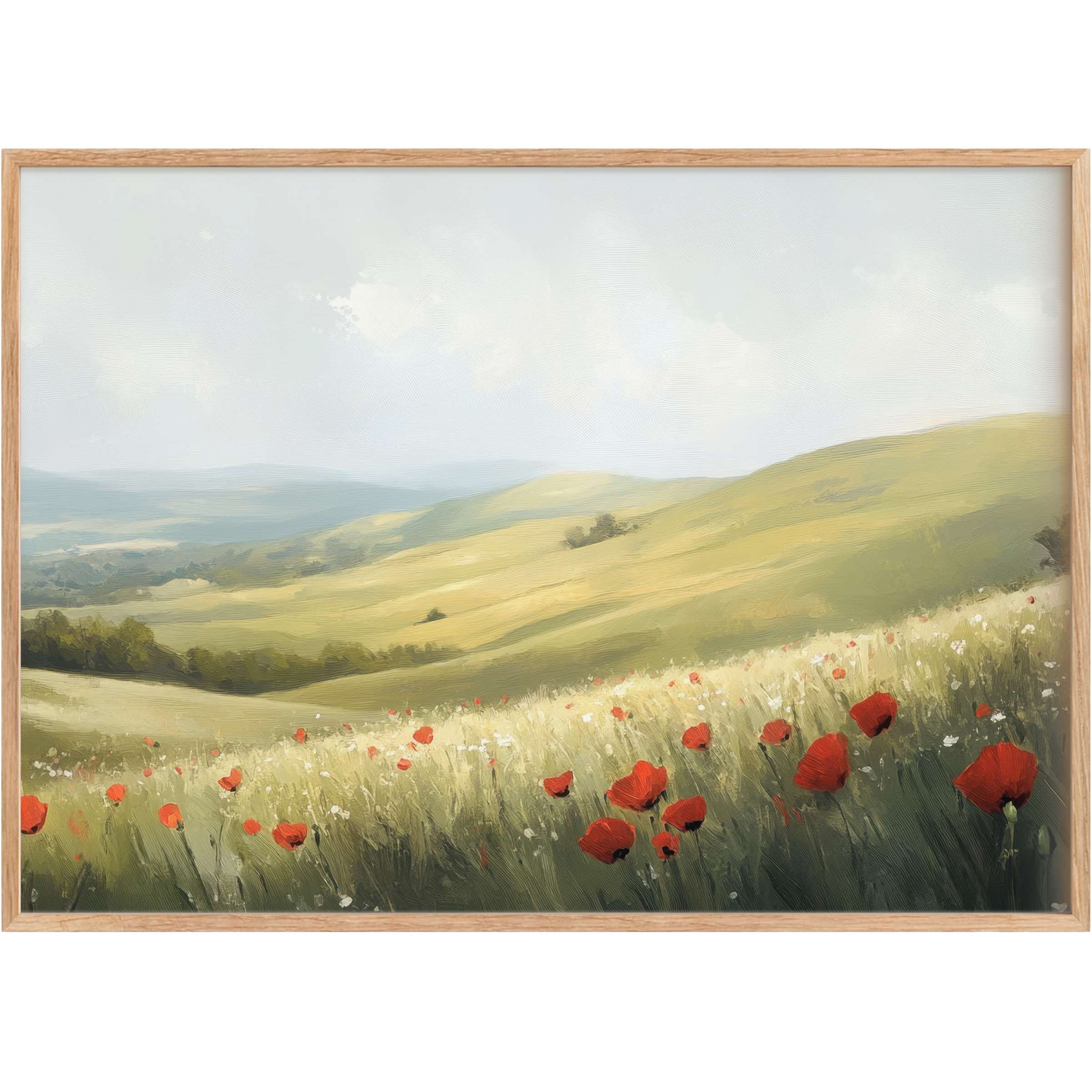 Spring printable wall art with gentle rolling hills and vibrant red poppies evokes a serene, uplifting ambiance for refined spaces