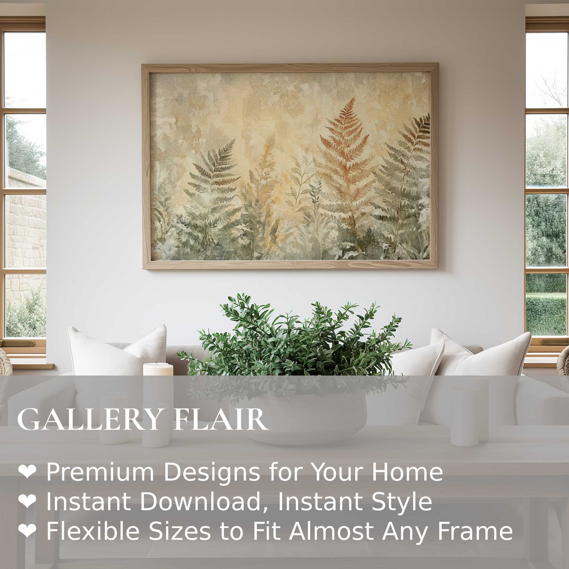 Botanical wall art print featuring soft, earthy ferns in warm tones, elevating a modern, minimalist living room with serene, natural elegance