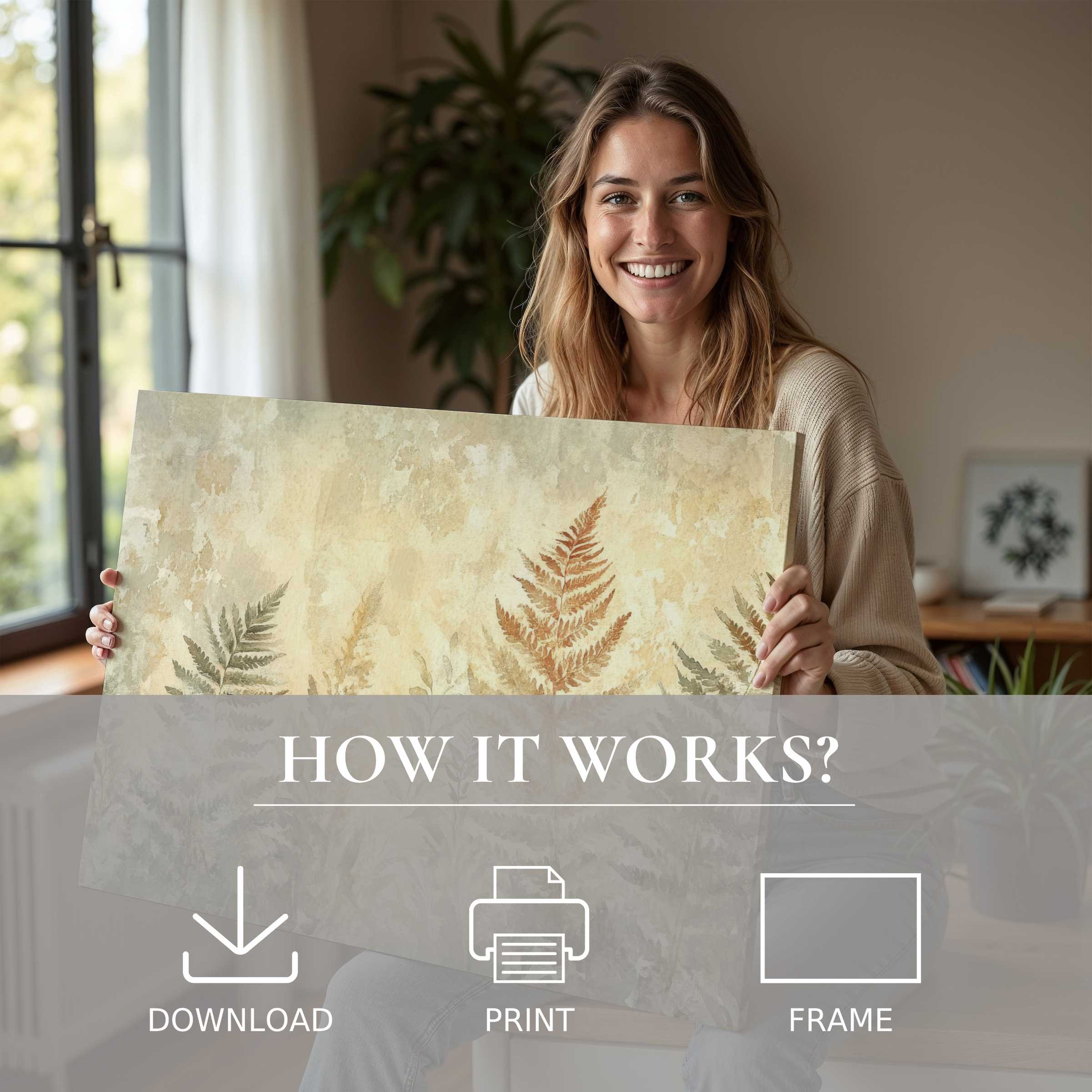 A joyful moment in a modern home, connecting deeply with a botanical digital art print that transforms the living space