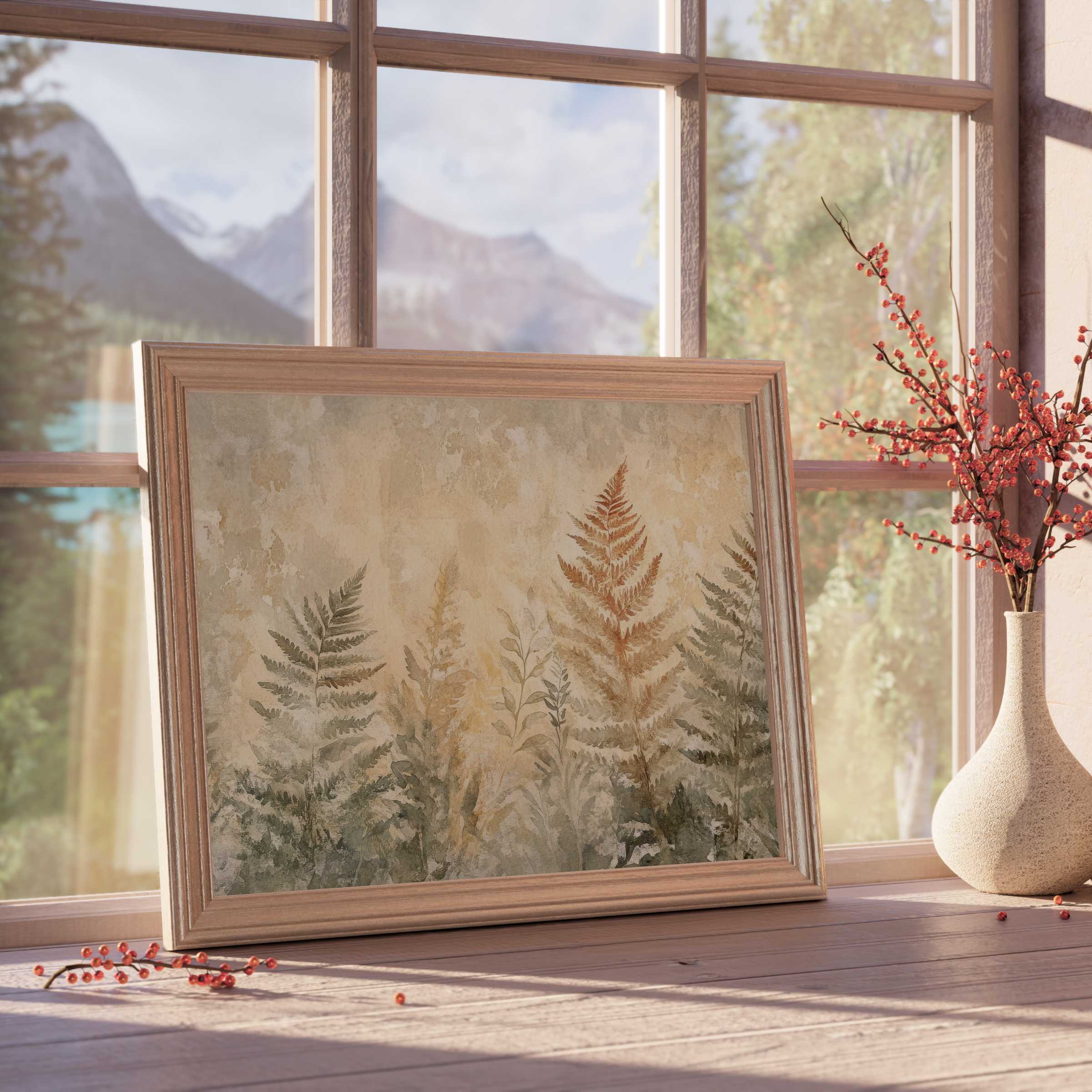 Botanical downloadable art featuring delicate ferns in warm, earthy tones, enhancing curated serene and sophisticated interiors