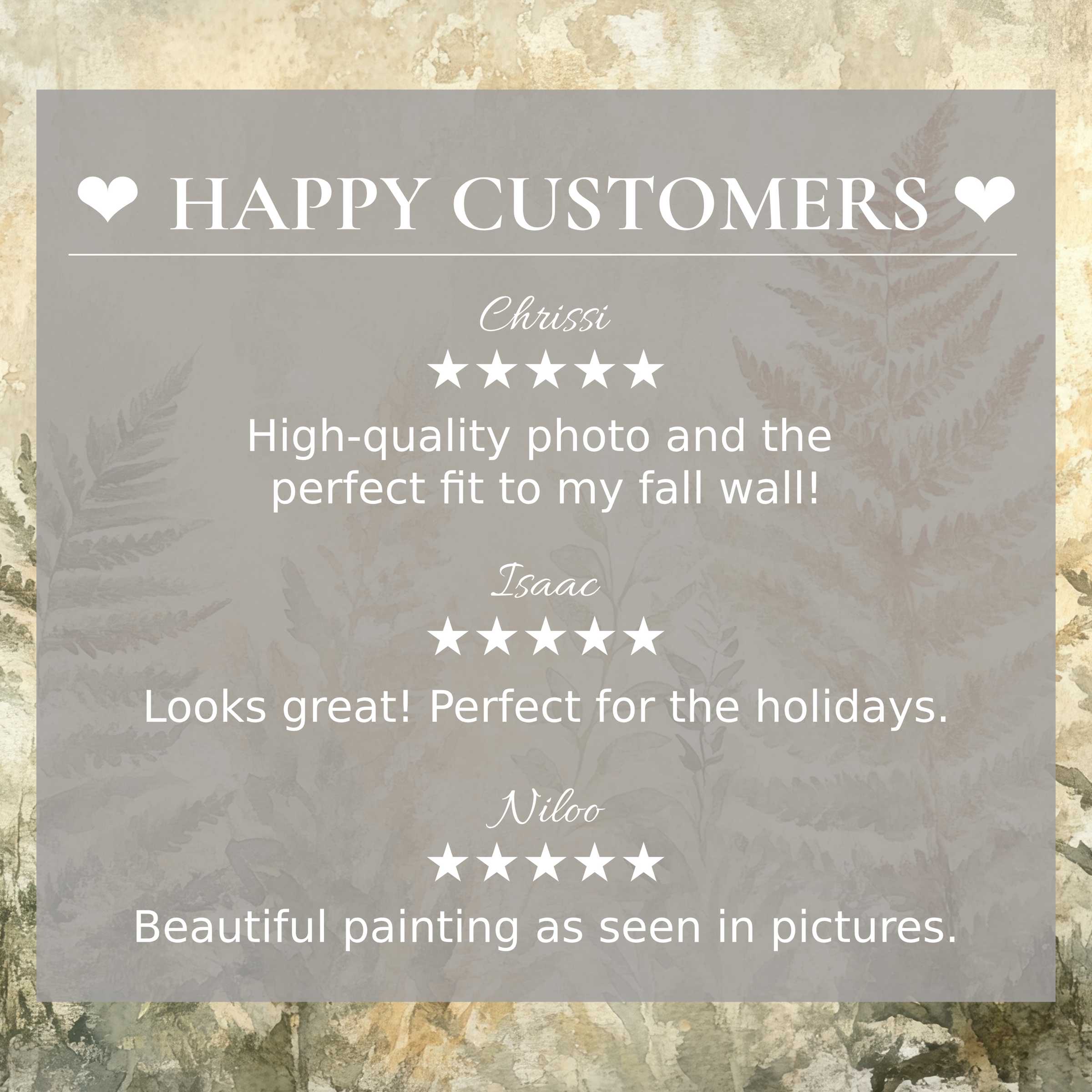 Botanical art for Frame TV with soft fern motifs, showcasing happy customer reviews and elegant, trust-building design