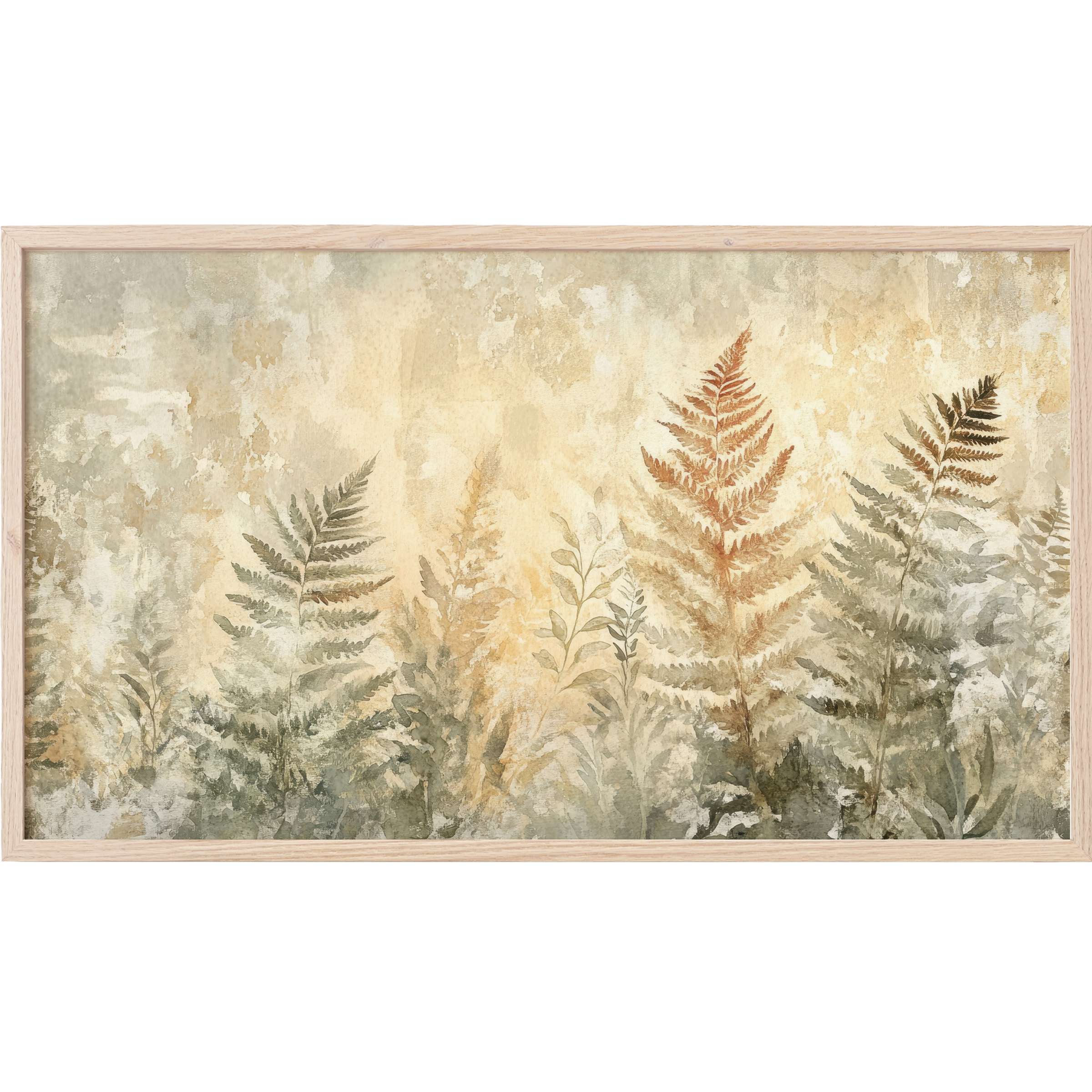 Soft botanical Frame TV Art with muted greens and warm ochres in a delicate, textured watercolor style