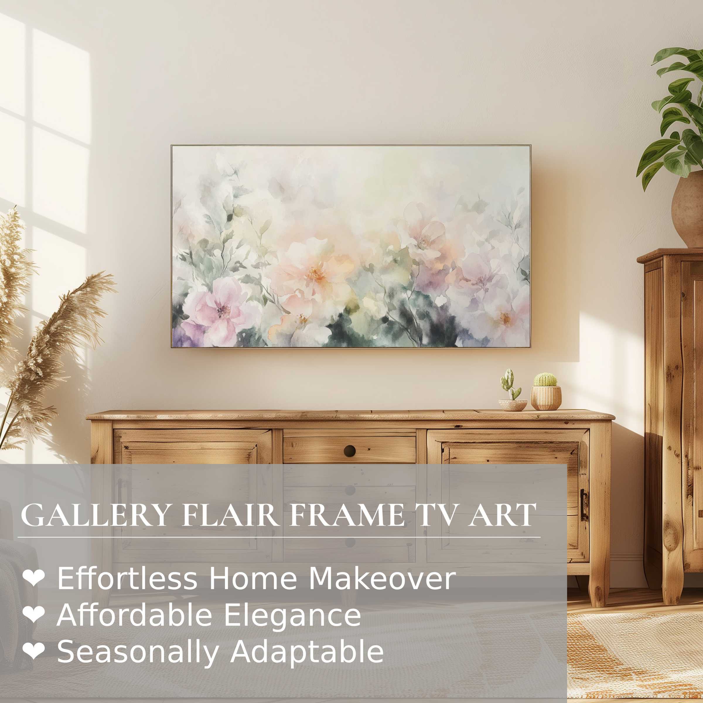 Samsung Frame TV with soft pastel floral digital artwork in a bright, modern living space for refined decor