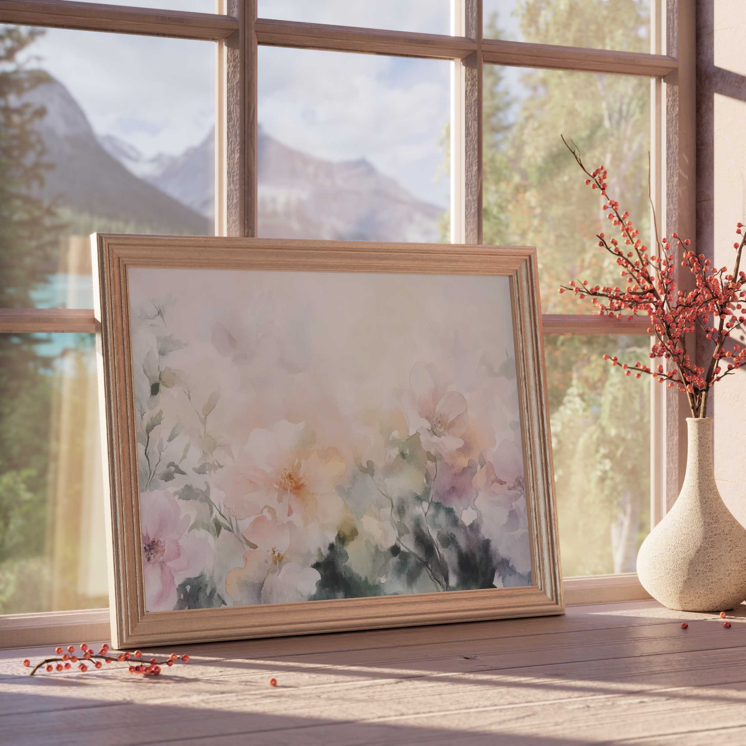 Delicate floral downloadable art in soft pastels, radiating calm elegance and elevating serene, curated interior sanctuaries