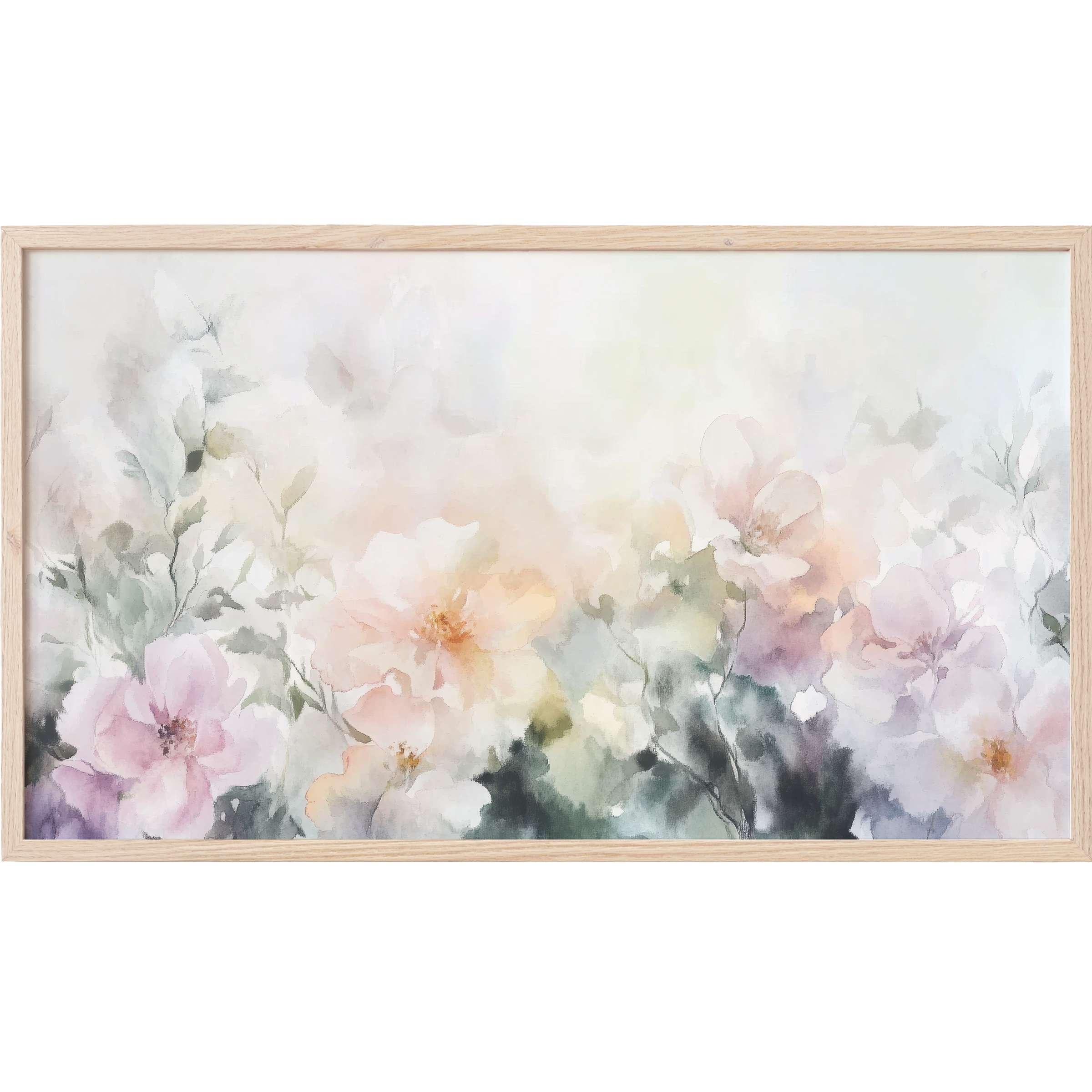 Floral Frame TV Art in soft pastels, delicate watercolor blooms with airy greens in a modern, elegant style
