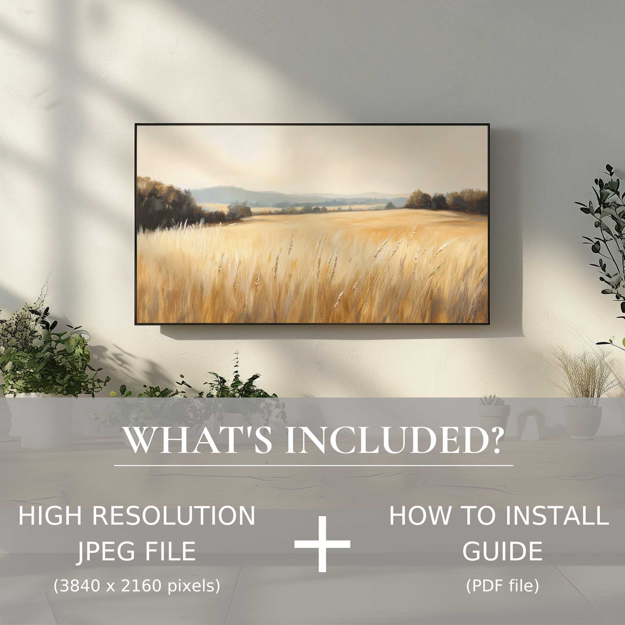 Elegant farmhouse digital TV art download with easy use, enriching your living space with serene, warm countryside charm