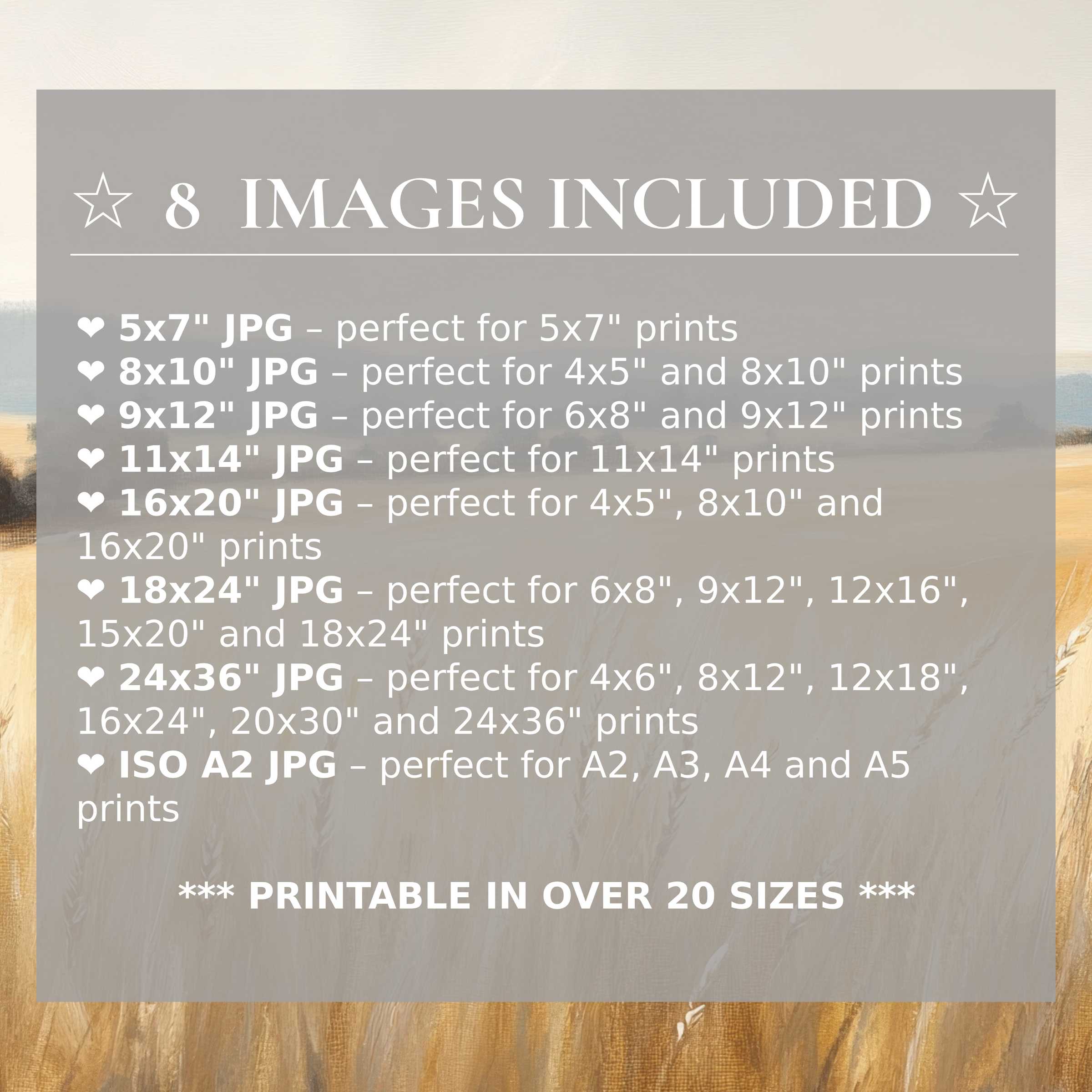 Farmhouse digital print radiates warm golden hues and soft blues, elevating modern interiors with 8 high-quality sizes included