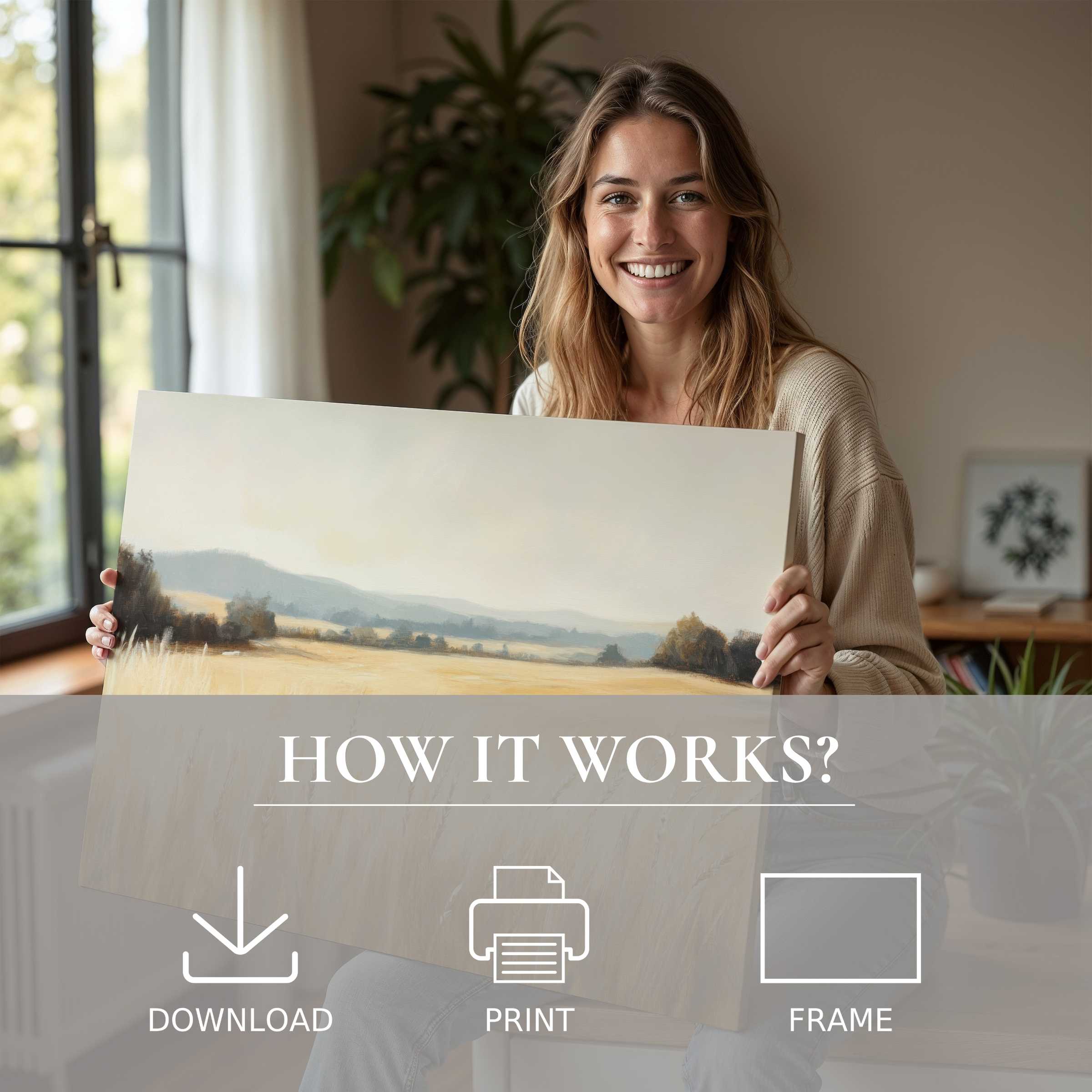 Radiant farmhouse digital art print embraced in a sunlit, stylish home, inspiring serene connection and effortless elegance