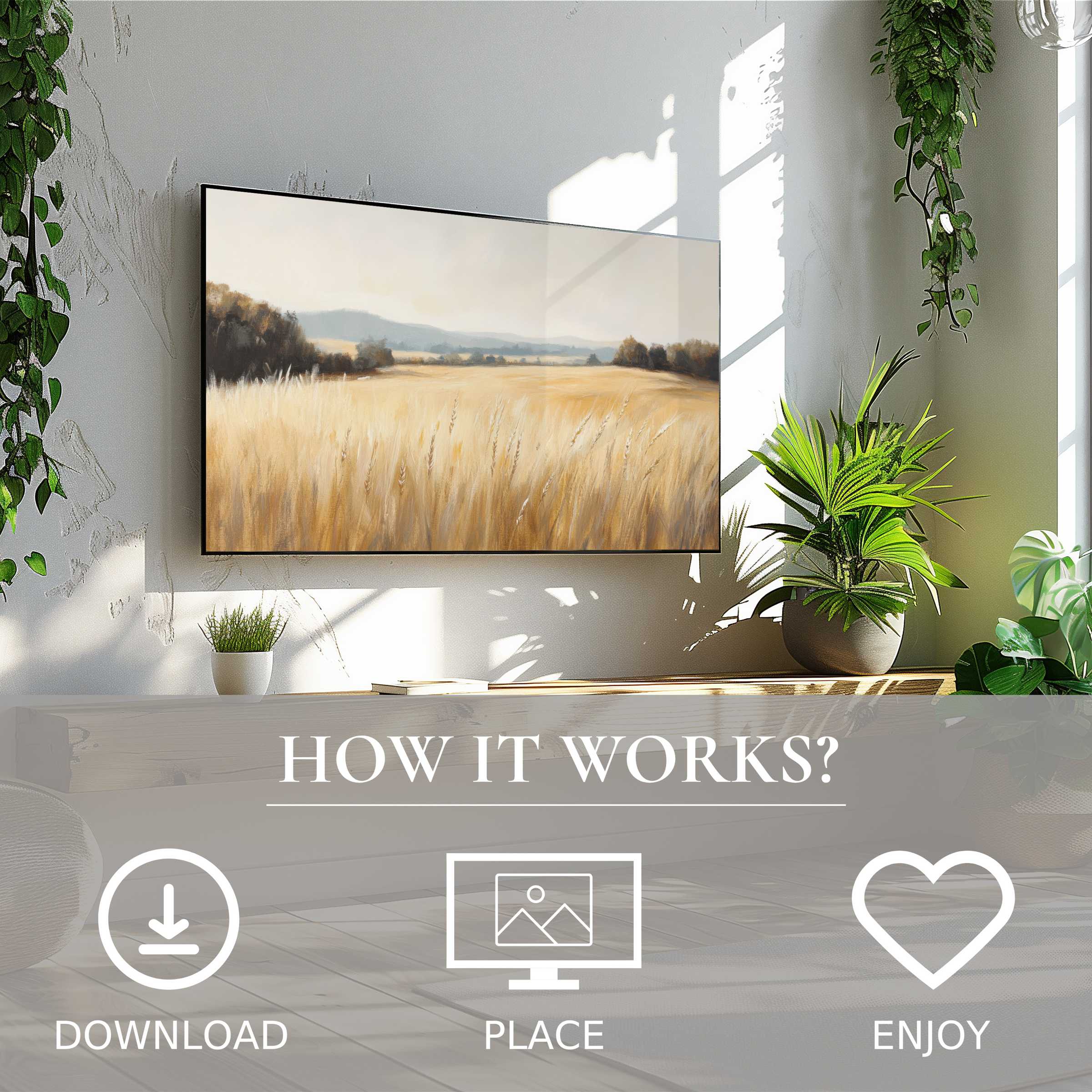 Farmhouse art for Samsung TV shows soft golden field tones, easy digital download enriching modern living spaces