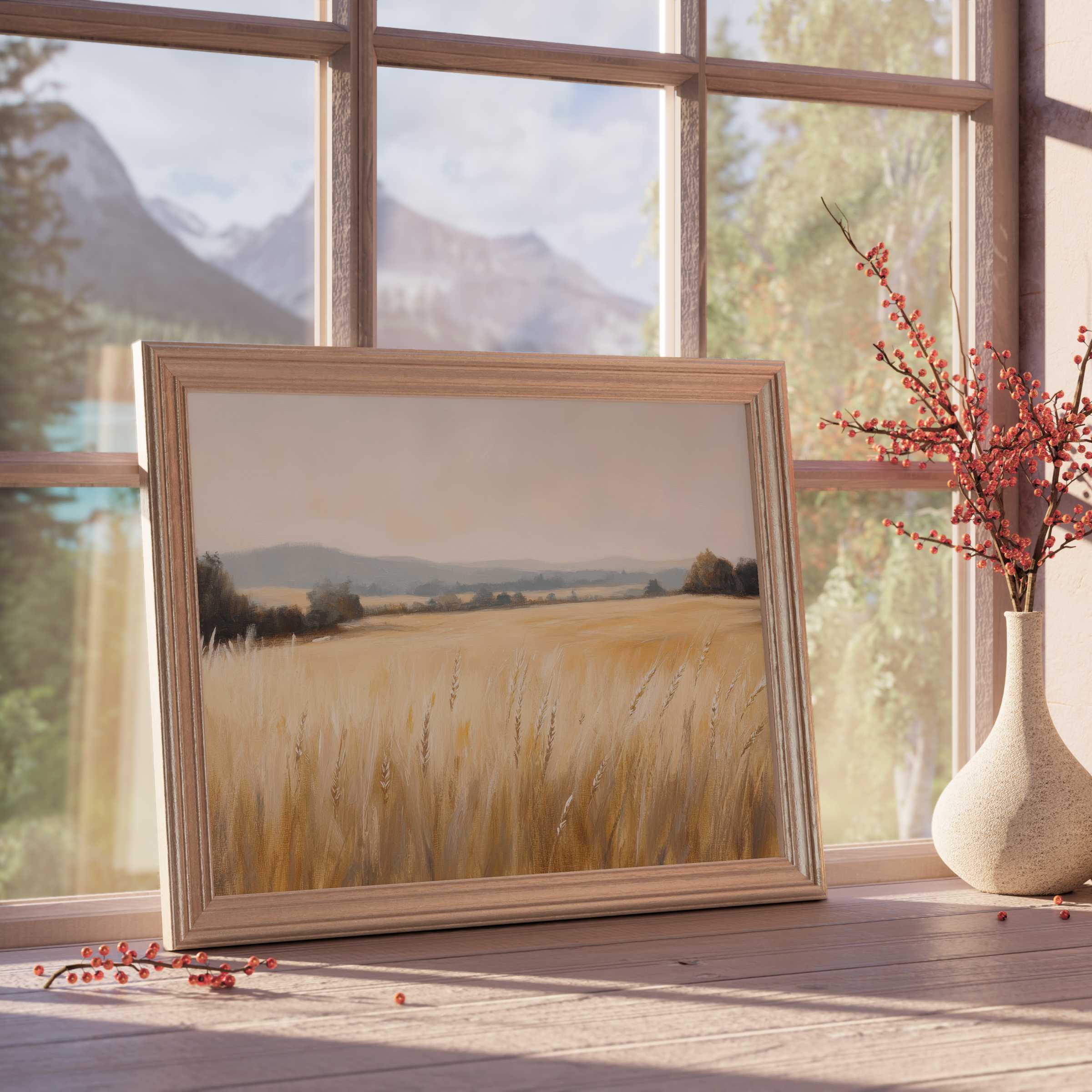 Sun-drenched farmhouse downloadable art captures golden wheat fields and distant hills, elevating tranquil, curated interiors with rustic elegance