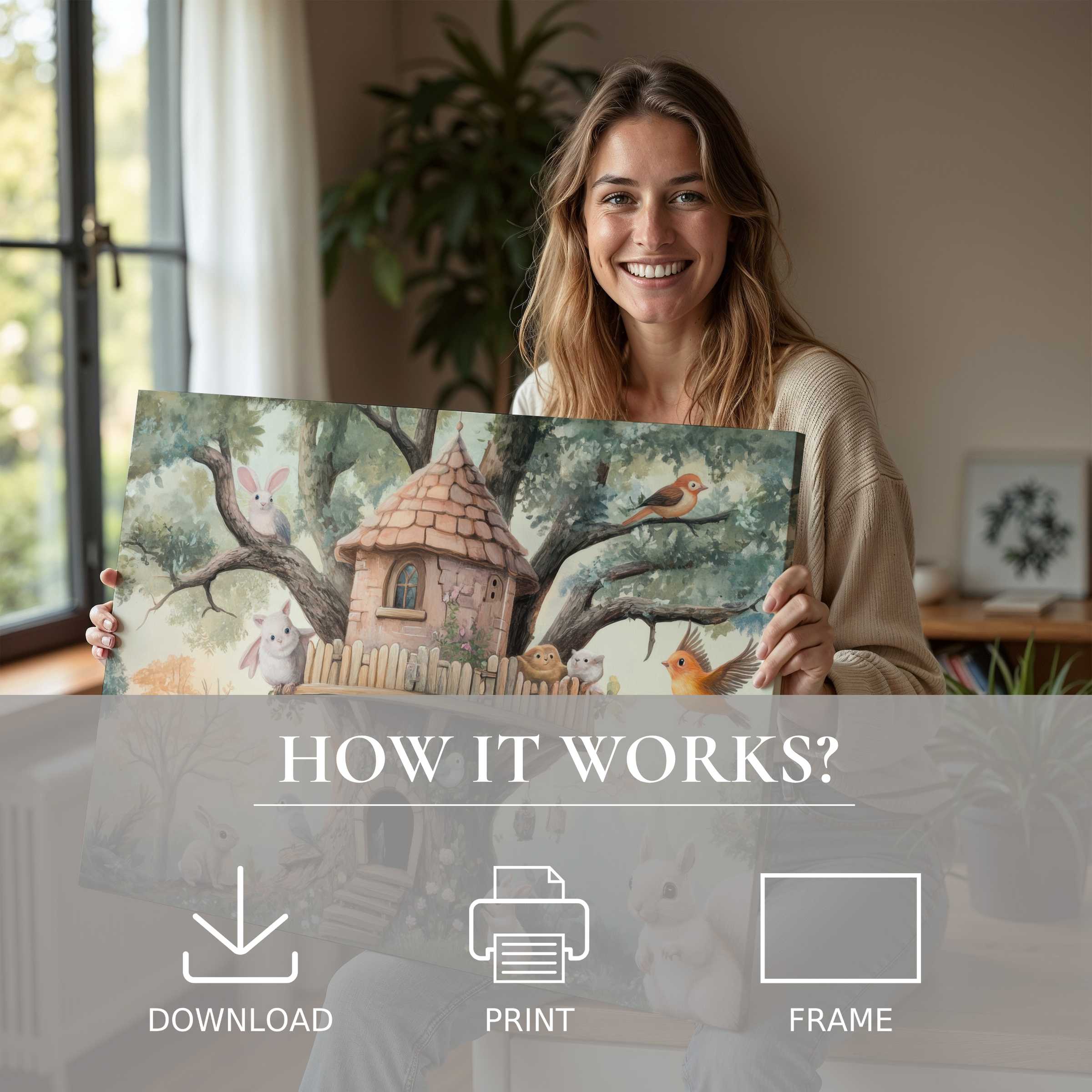 Woman in a serene modern home embracing a whimsical nursery digital art print, embodying joy and effortless elegance