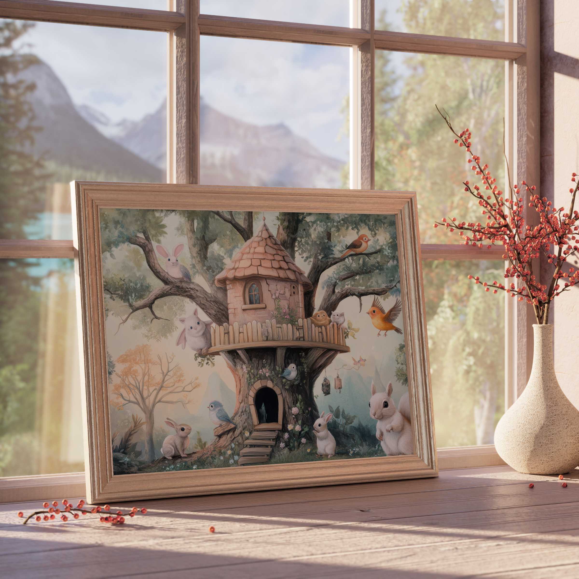 Enchanting nursery downloadable art featuring a whimsical treehouse with gentle woodland creatures, evoking calm and curated charm