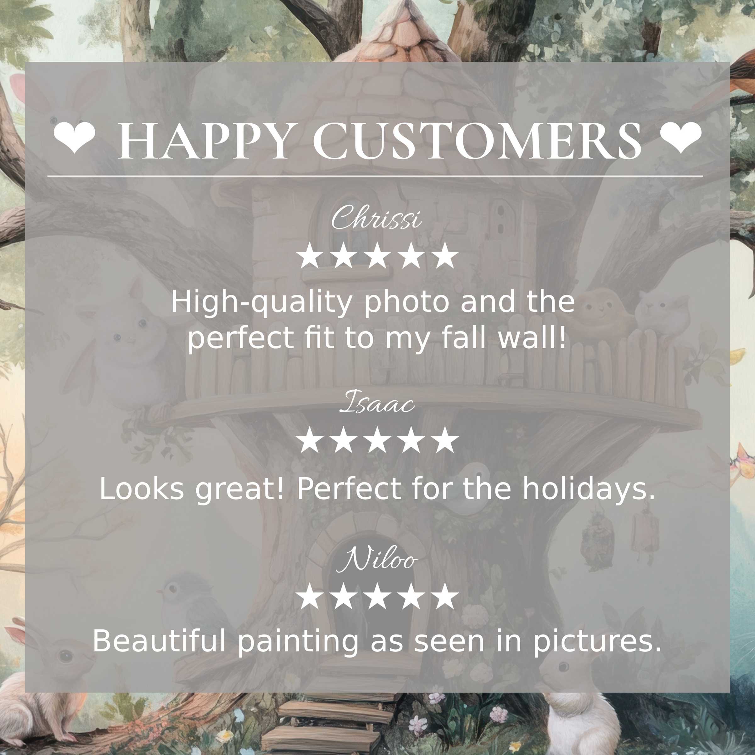 Happy customer testimonials highlight elegant nursery art for Frame TV with whimsical treehouse and soft, natural tones