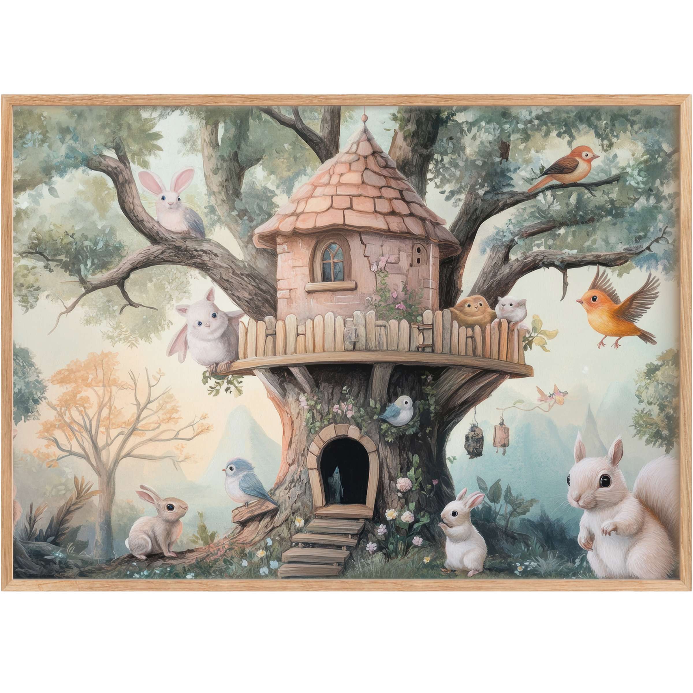 Enchanting nursery printable wall art capturing a whimsical treehouse with soft pastels, gentle bunnies, and delicate birds, evoking a serene, magical ambiance