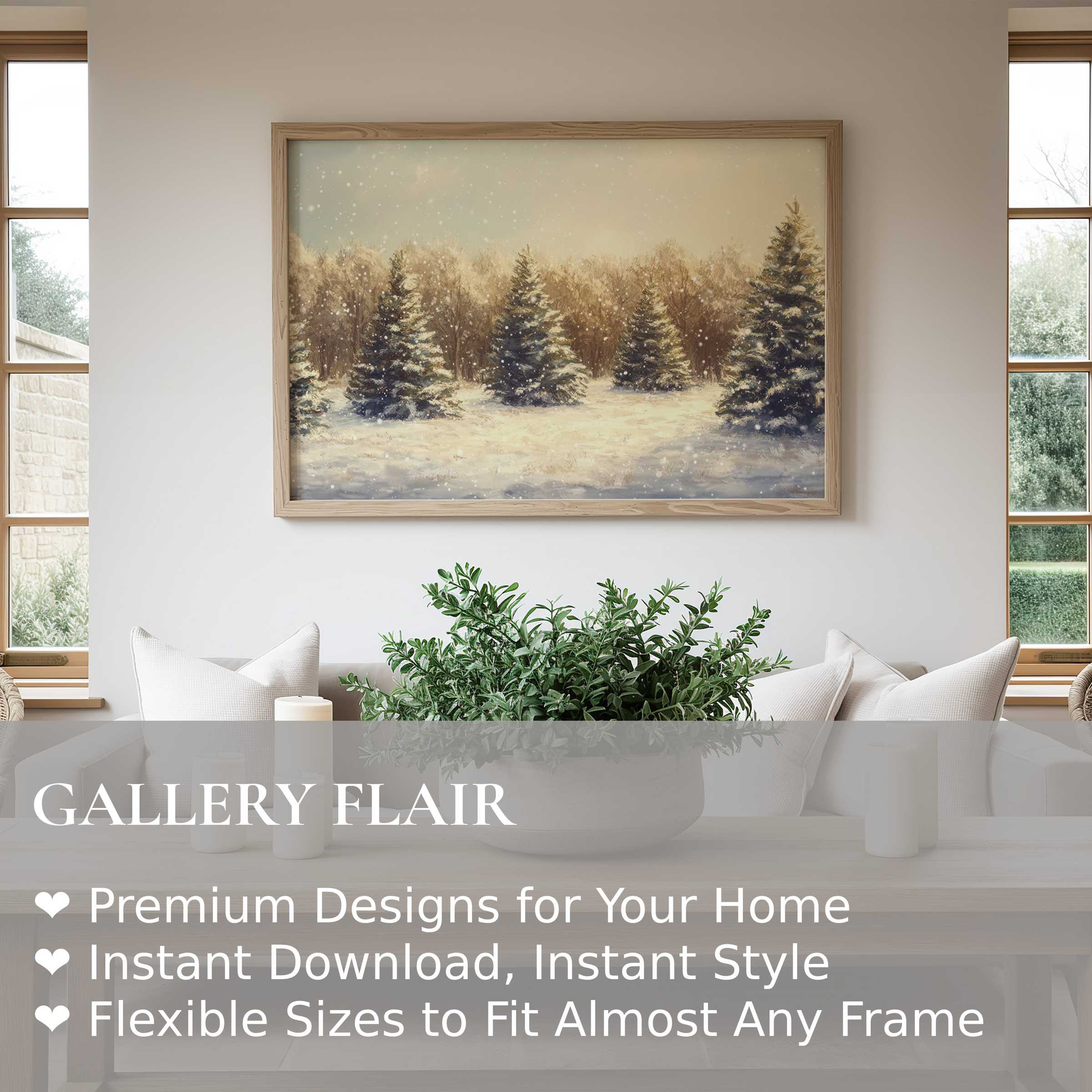 Christmas wall art print featuring a serene snowy forest scene, radiating soft warmth in a modern minimalist living space