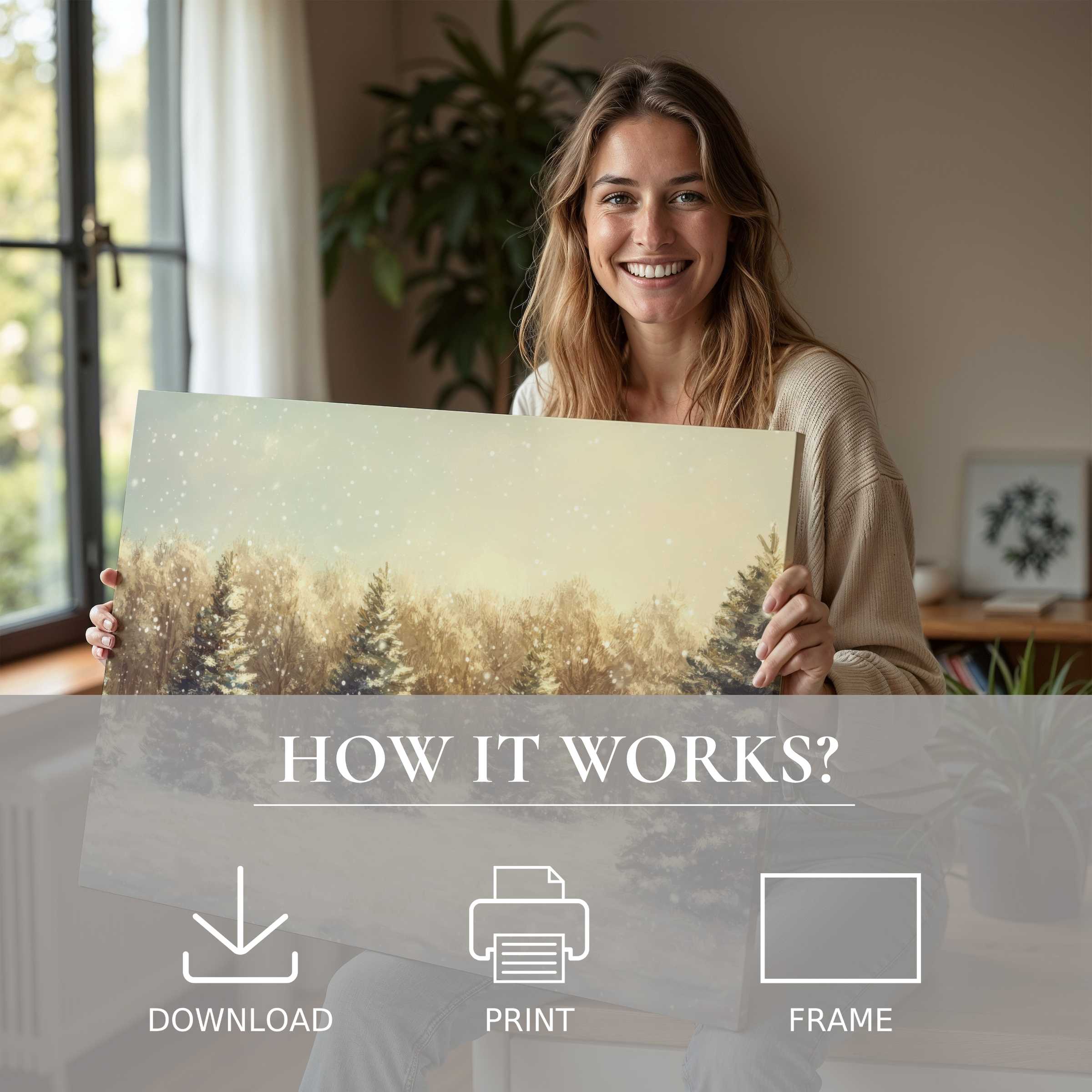 A serene moment in a stylish home reveals the joy of living with Christmas digital art print, blending warmth and elegant simplicity