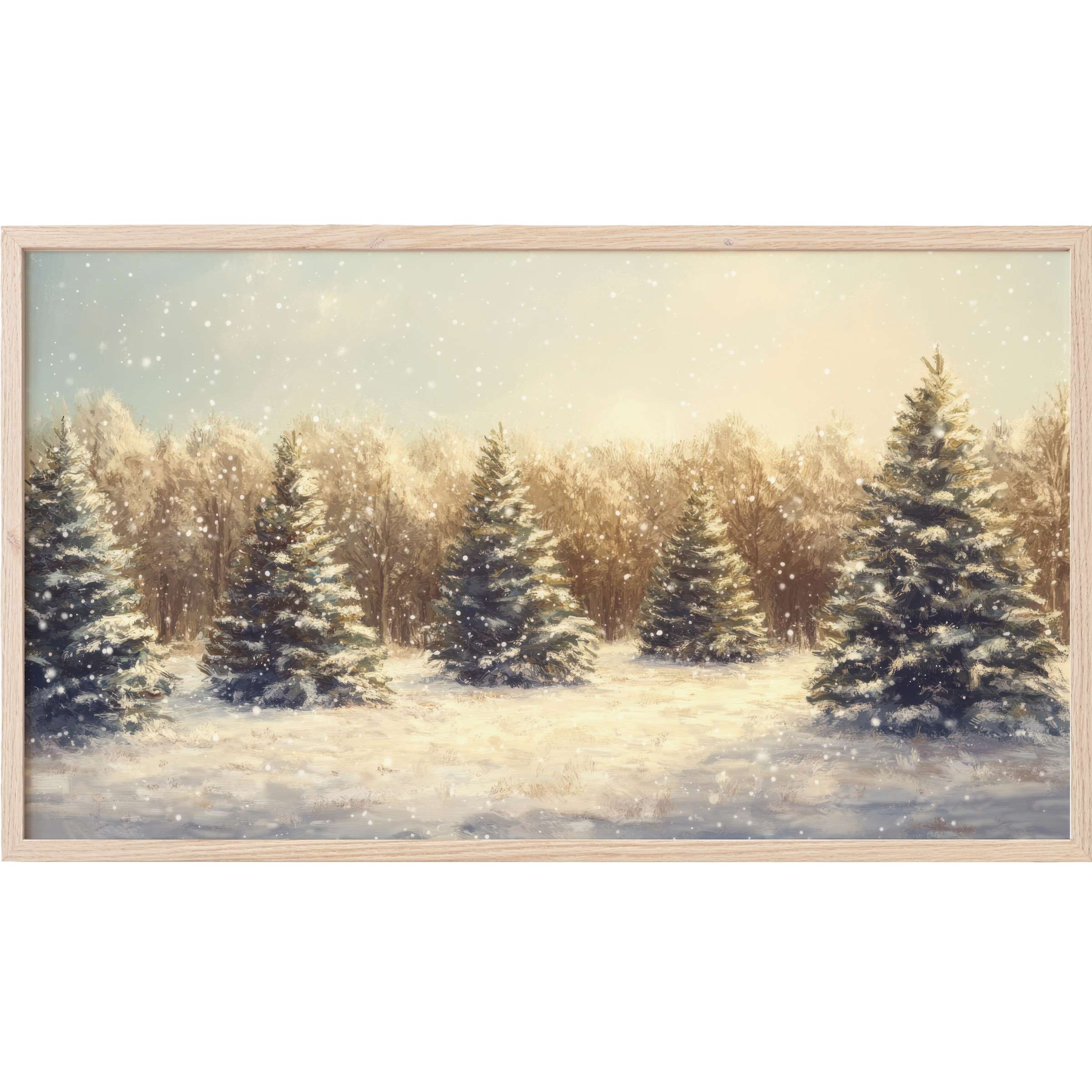 Elegant snowy pine trees in soft gold and blue hues evoke tranquility in this Christmas Frame TV Art