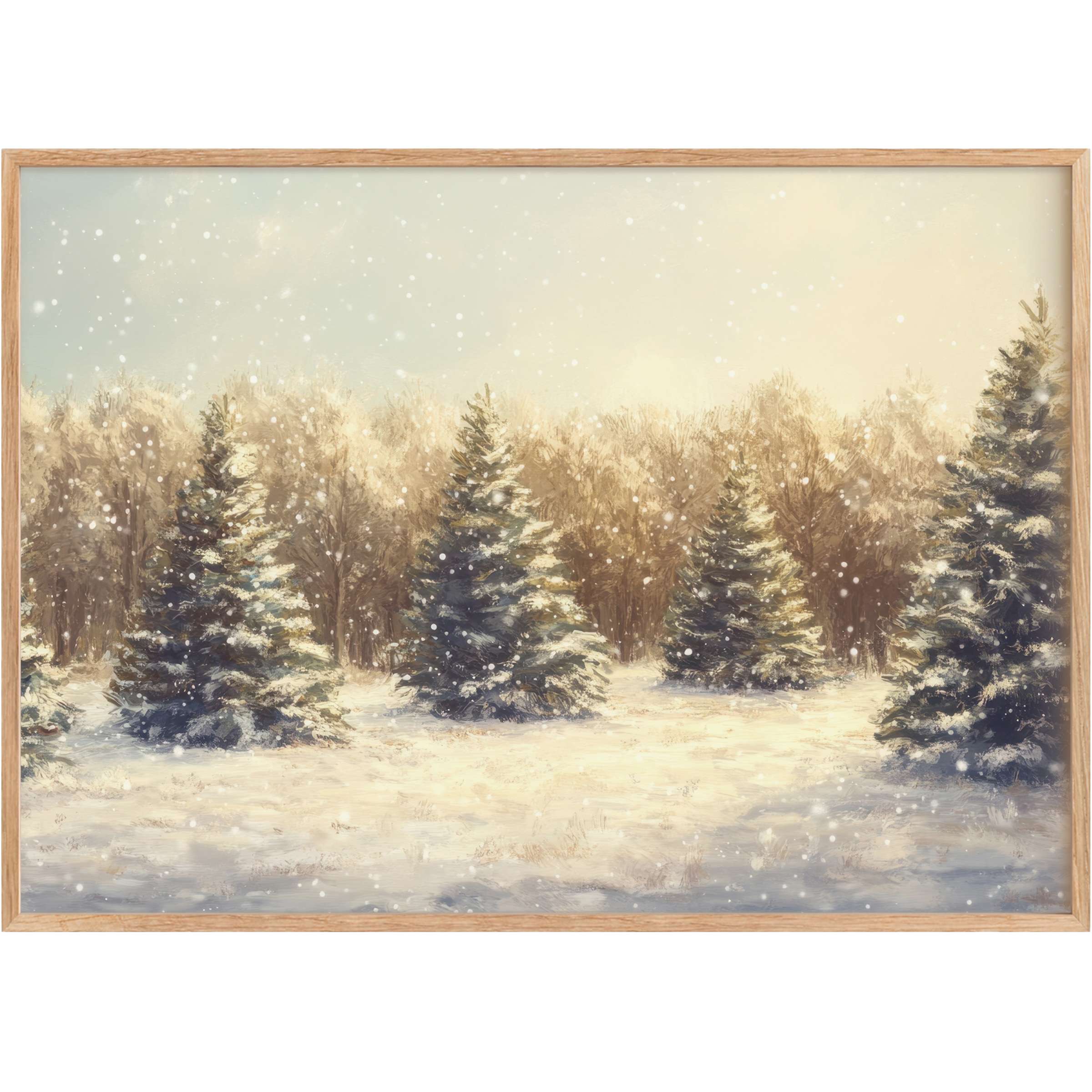 Serene Christmas printable wall art capturing snow-dusted evergreens bathed in warm, golden light for a tranquil, elegant ambiance