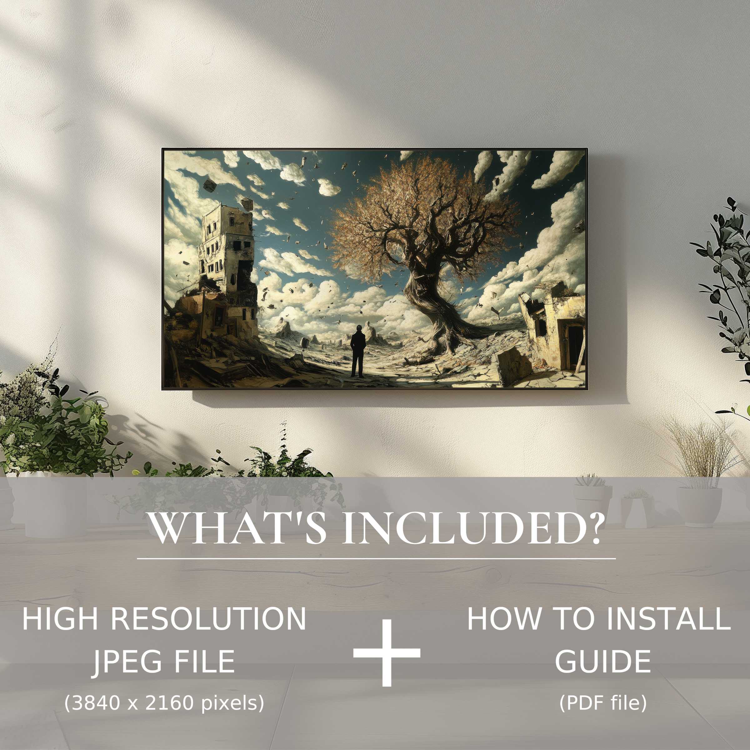 Elegant modern living room with modern digital TV art download, enhancing space via easy digital use and vivid display