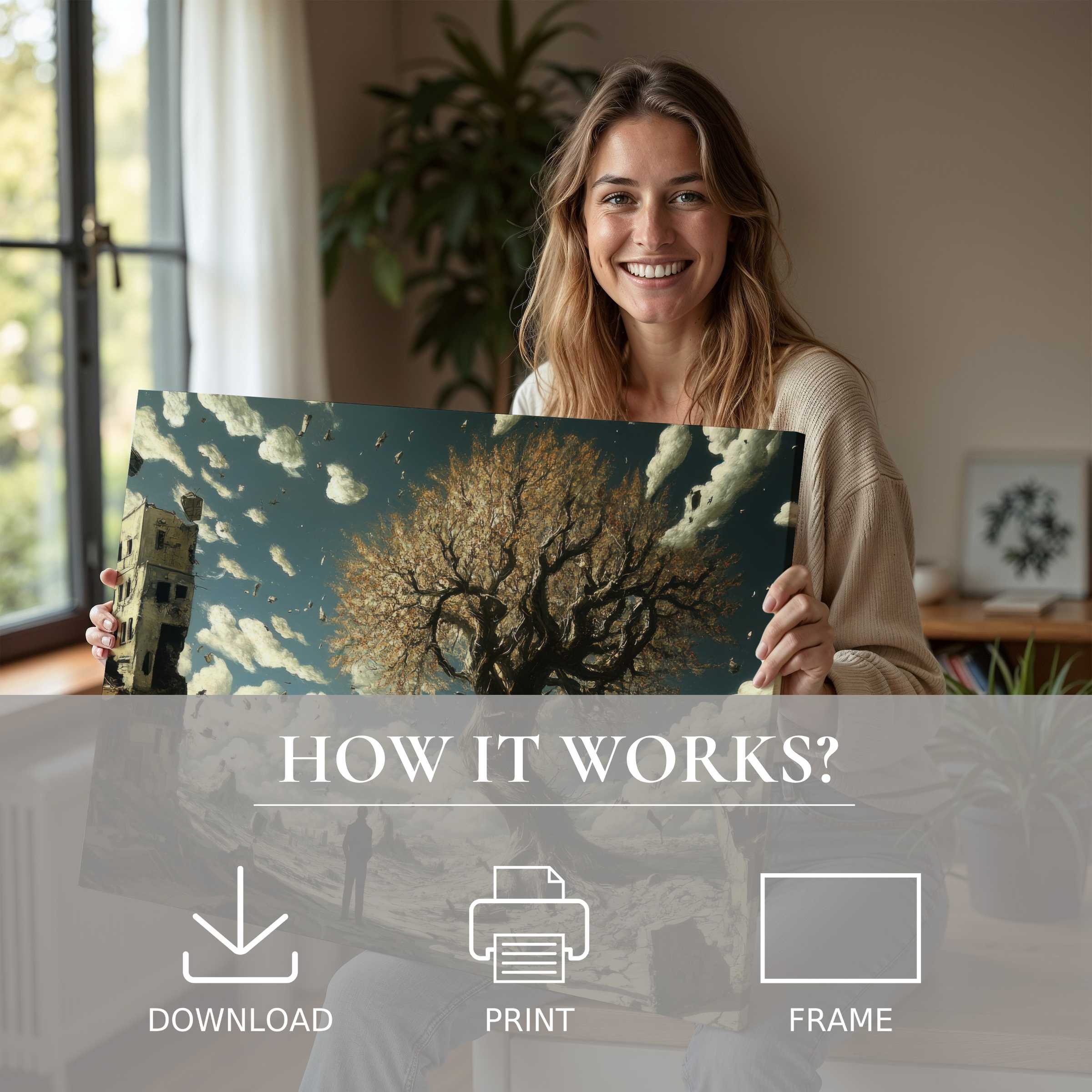 A joyful moment embracing a modern digital art print, bringing serene warmth and effortless elegance to stylish living spaces