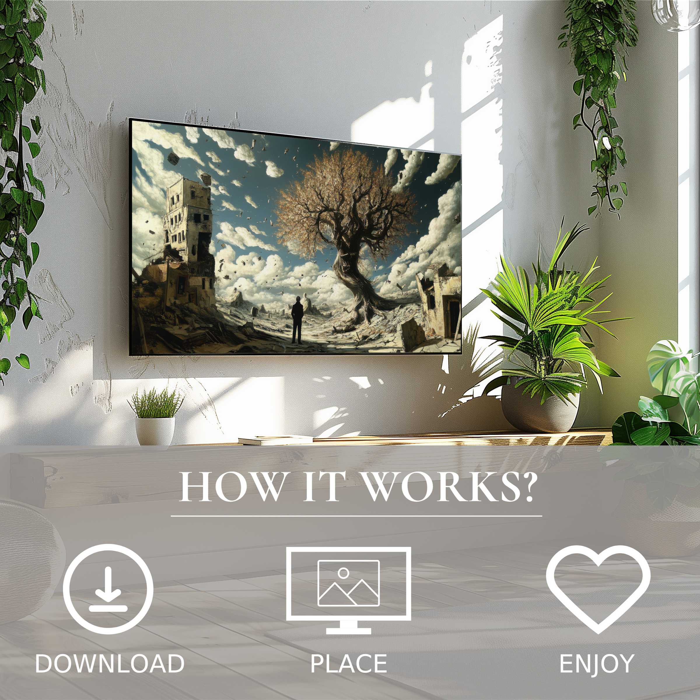 Modern art for Samsung TV shows a surreal tree and ruins motif, easy digital download enriches this bright leafy space