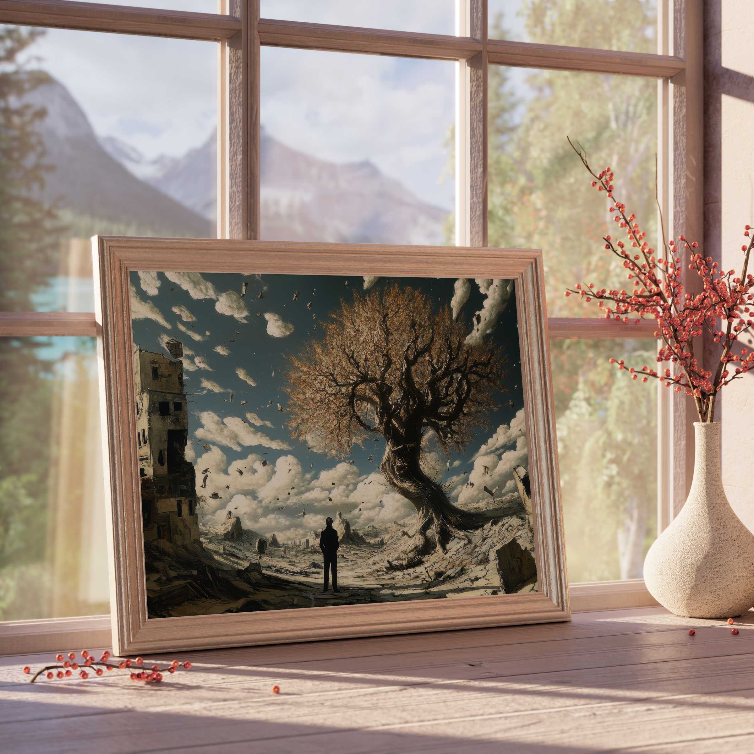 Modern downloadable art capturing a surreal, contemplative landscape with a lone figure and mystical tree, perfect for elegant, serene interiors
