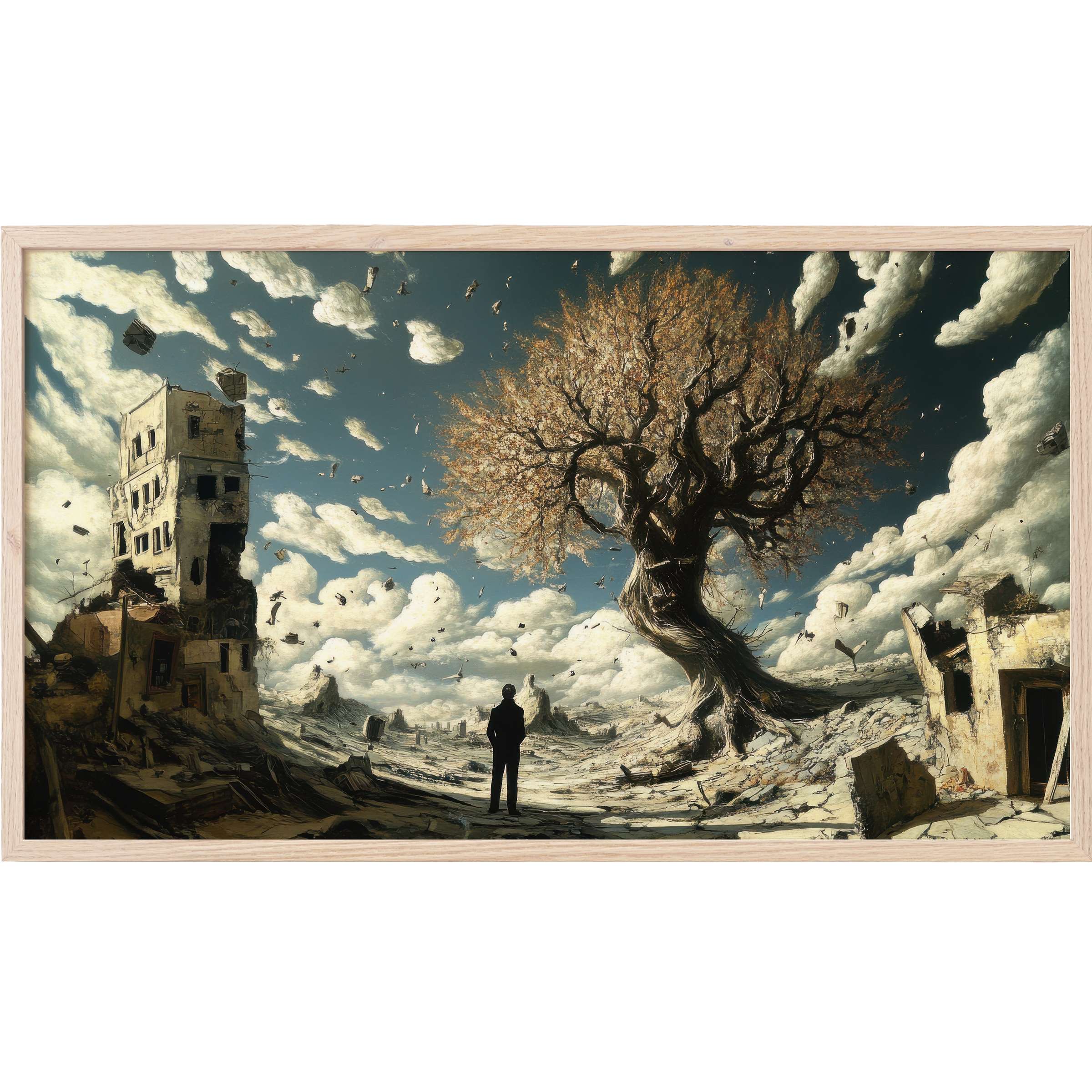 Modern Frame TV Art depicts a surreal ruin landscape with twisted tree, muted earth tones, and a dramatic cloudy sky