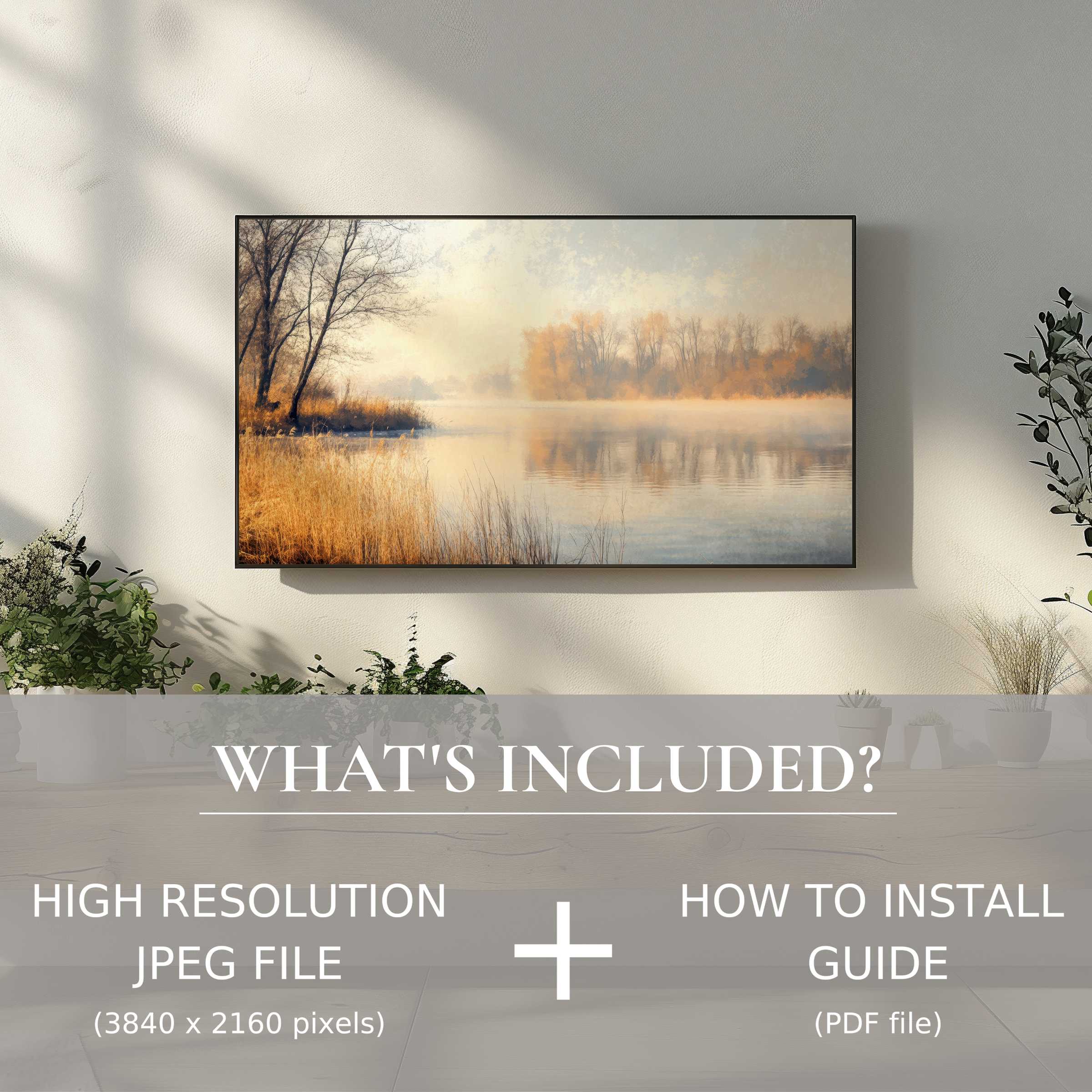 Modern living room with elegant winter digital TV art download, easy to install, enhancing serene spaces