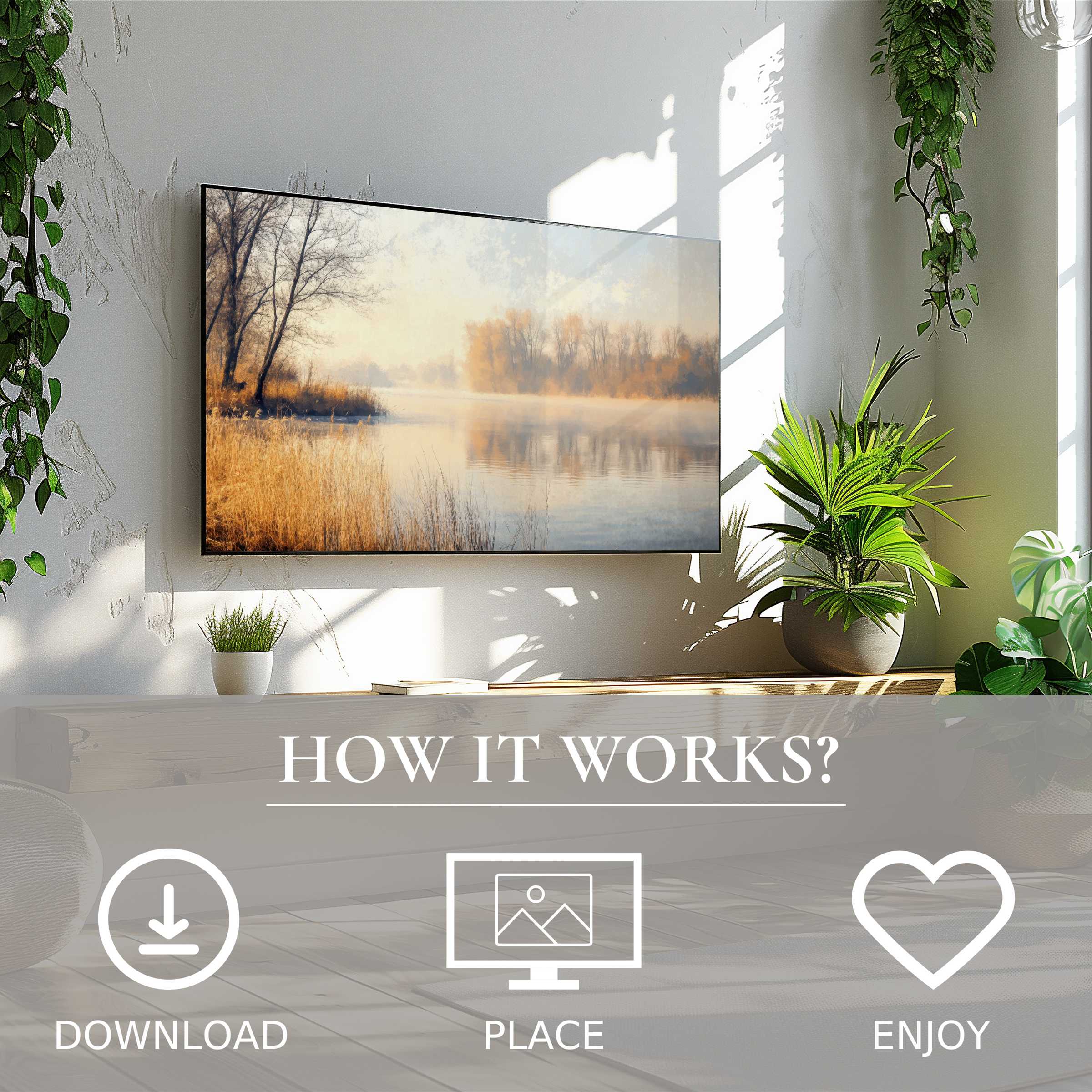 Winter art for Samsung TV showing soft sunset tones over a misty river; easy digital download enriches any space