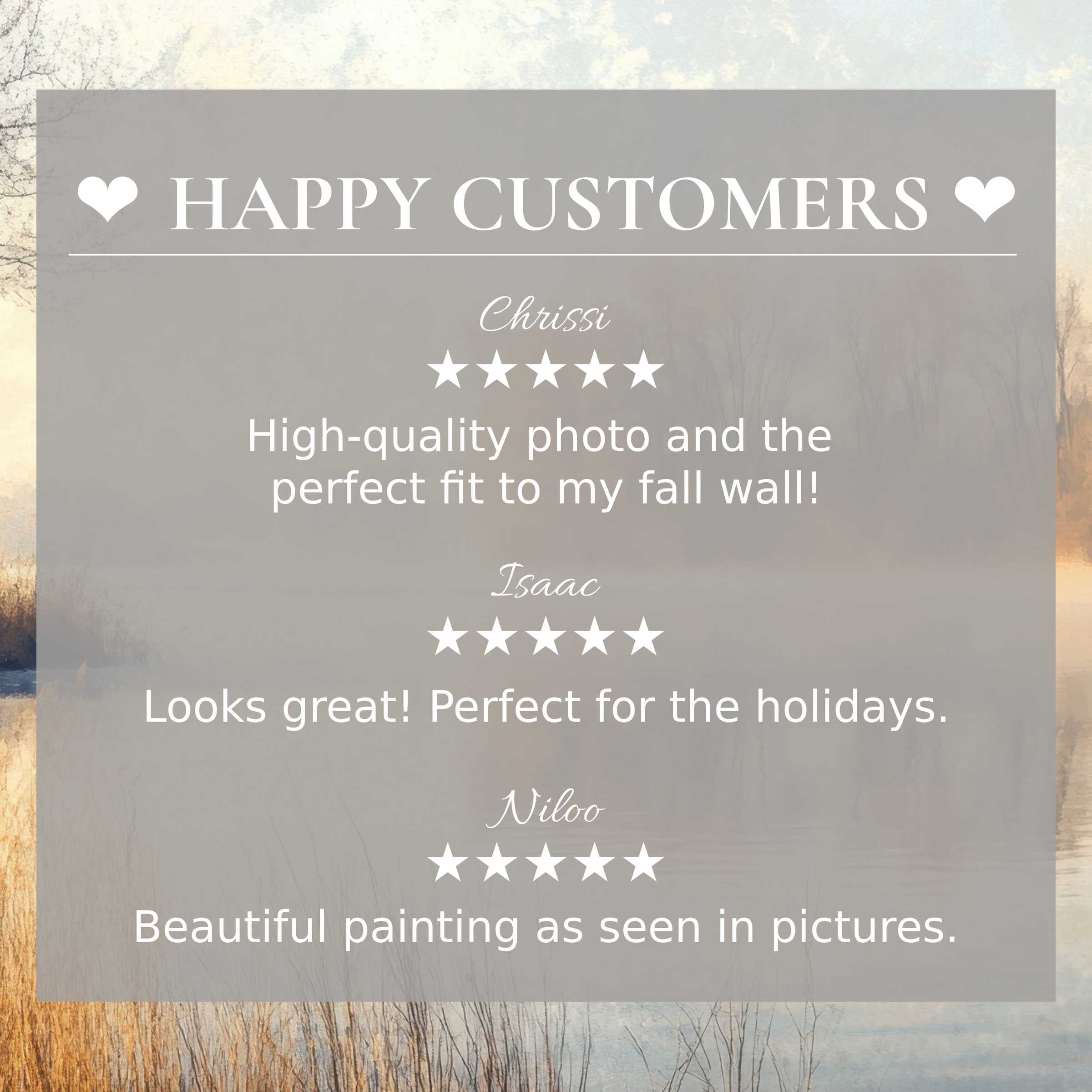 Winter art for Frame TV with serene misty landscape; layout showcases happy customer reviews and refined elegance