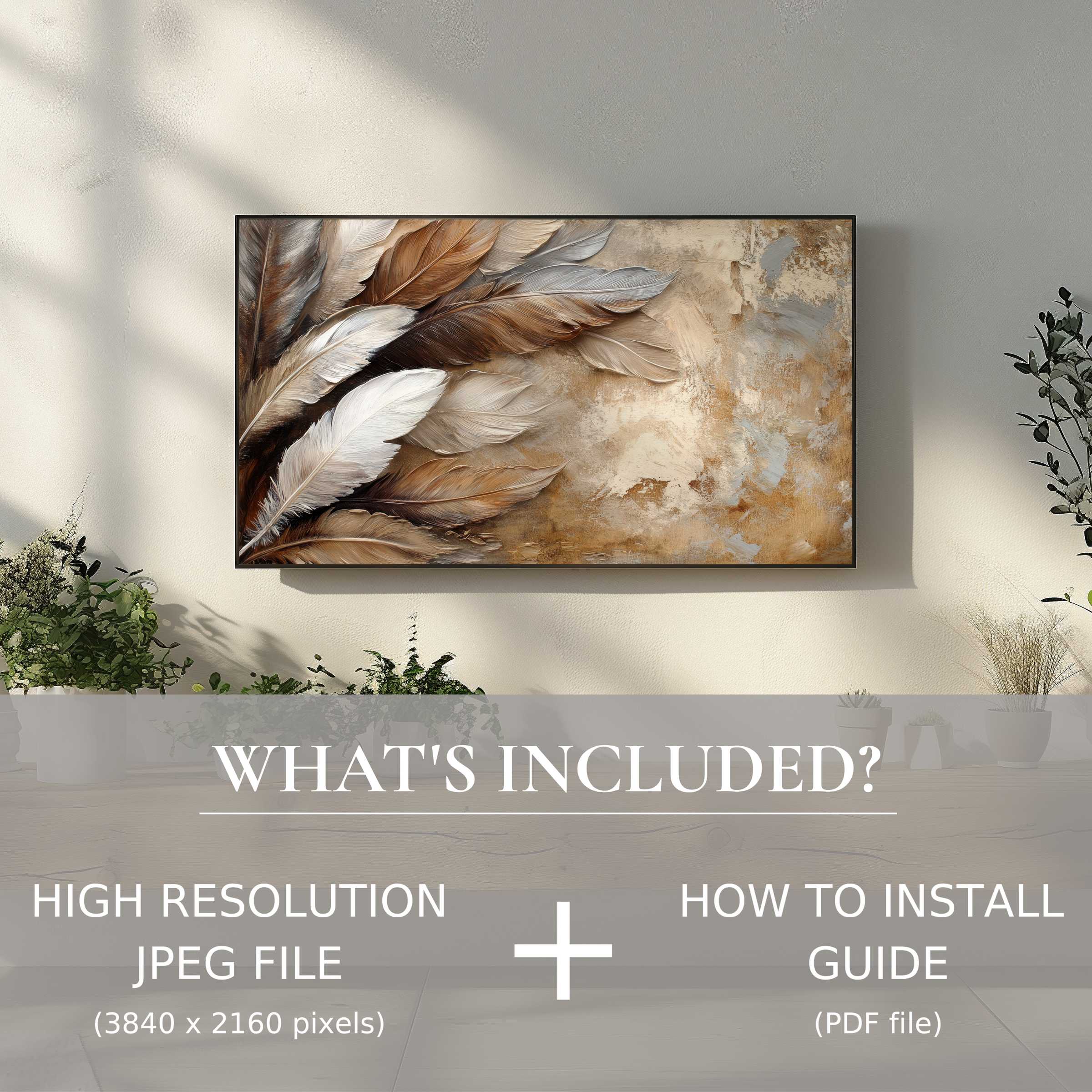 Boho digital TV art download, elegant feathers elevate your living space with easy digital use and modern style