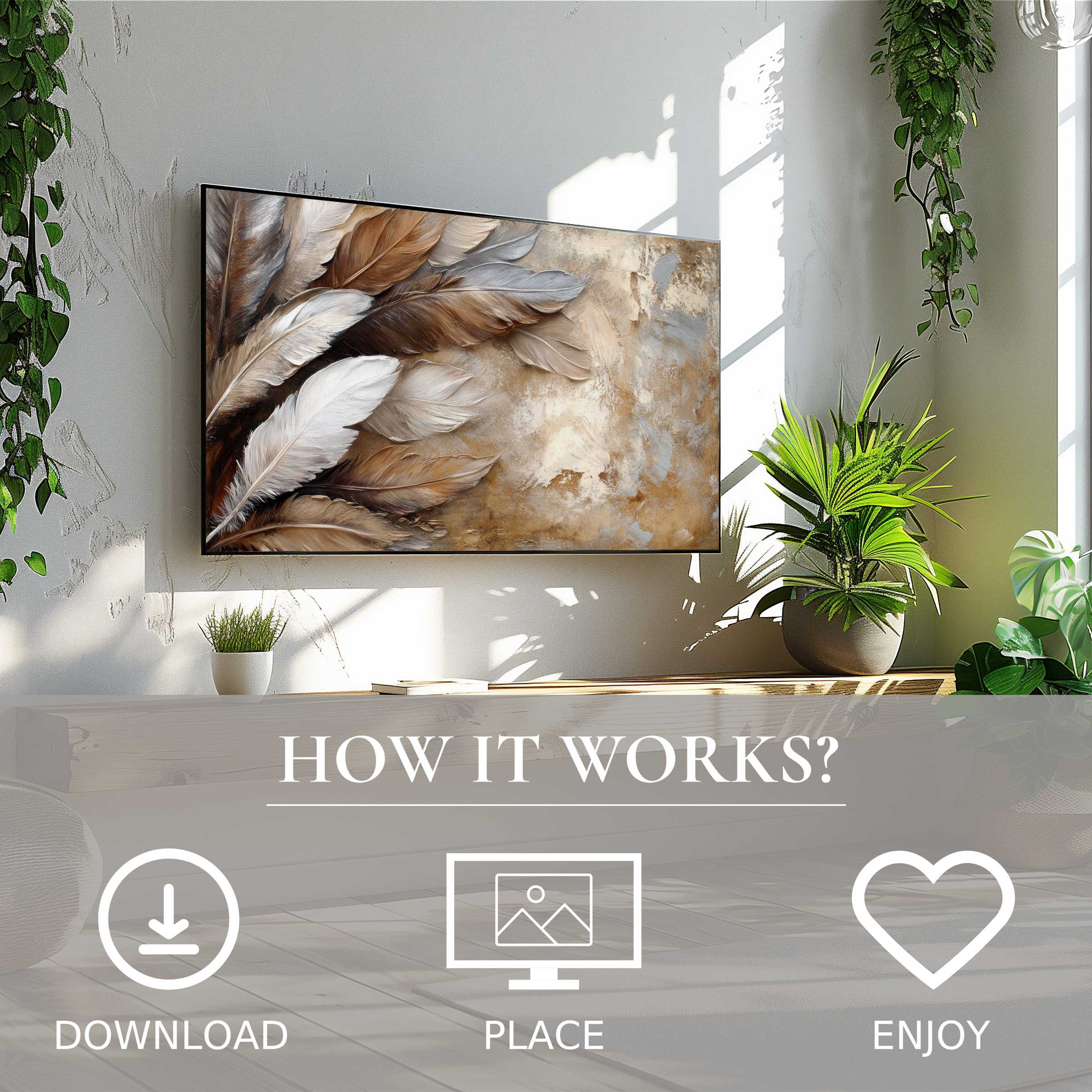 Boho art for Samsung TV with warm feather motif, easy digital download, enriching modern living spaces with natural tones