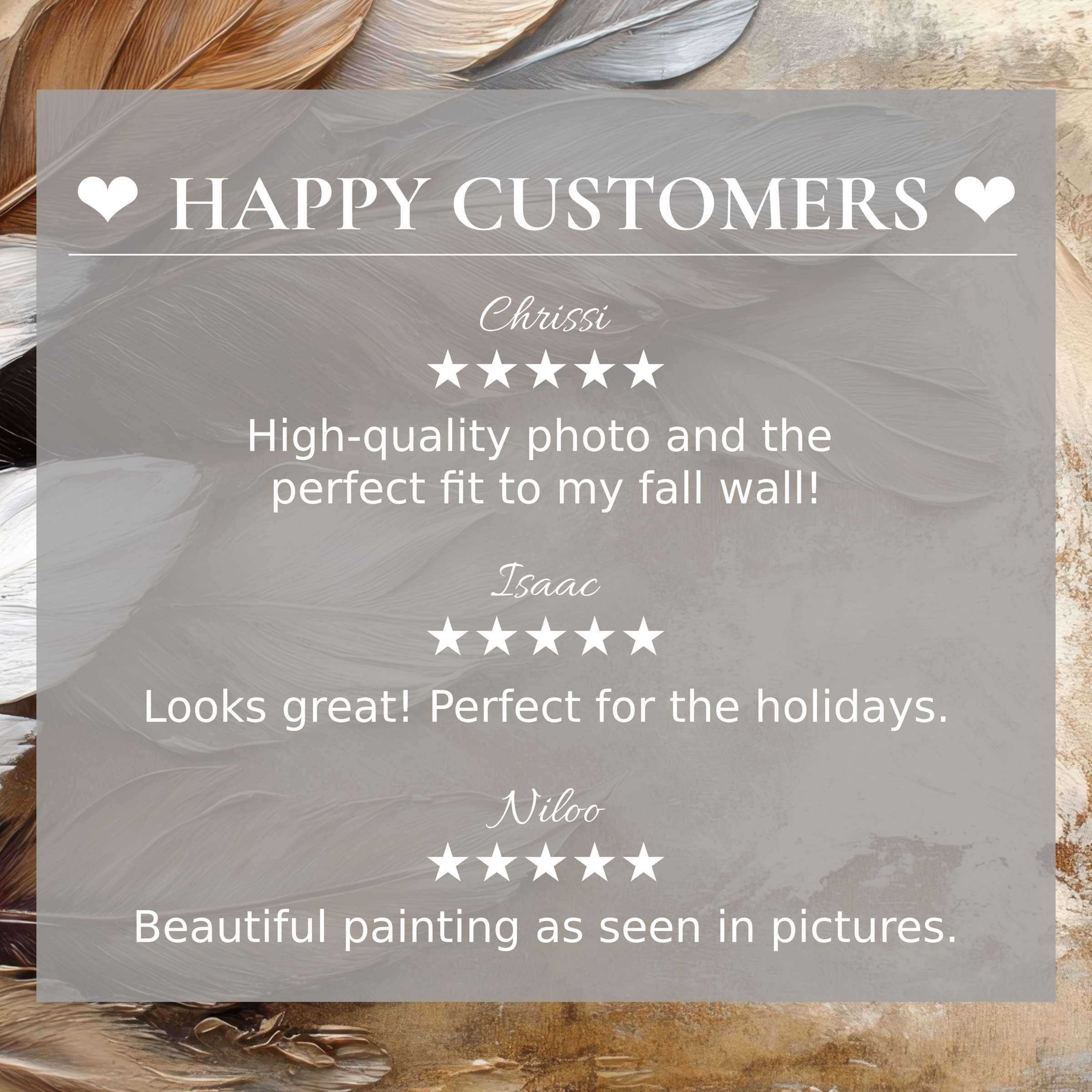 Boho art for Frame TV with abstract sunset feathers, showing happy customer reviews and elegant trust-building design