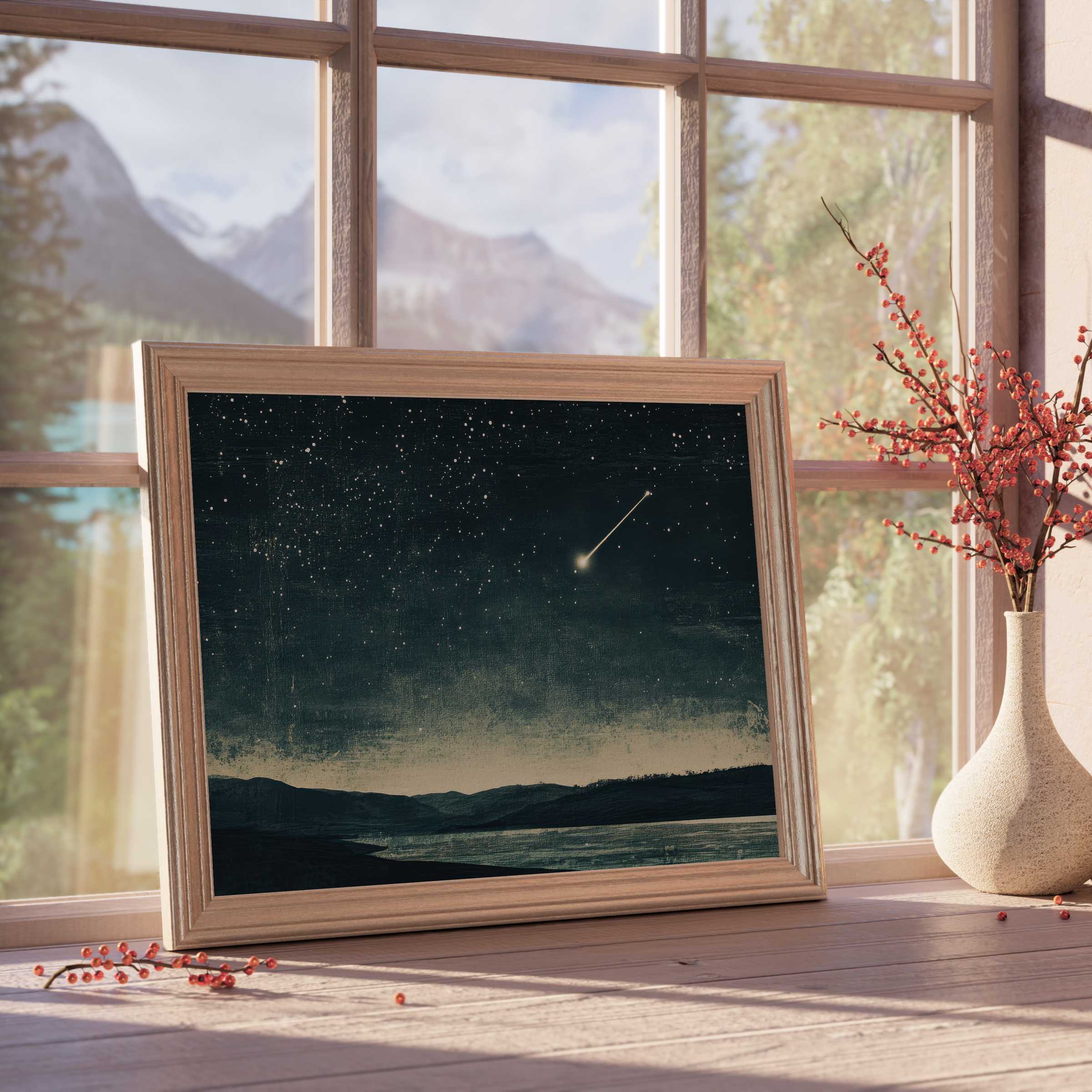 Elegant minimalist downloadable art capturing a serene night sky with a shooting star, perfect for tranquil, design-forward interiors
