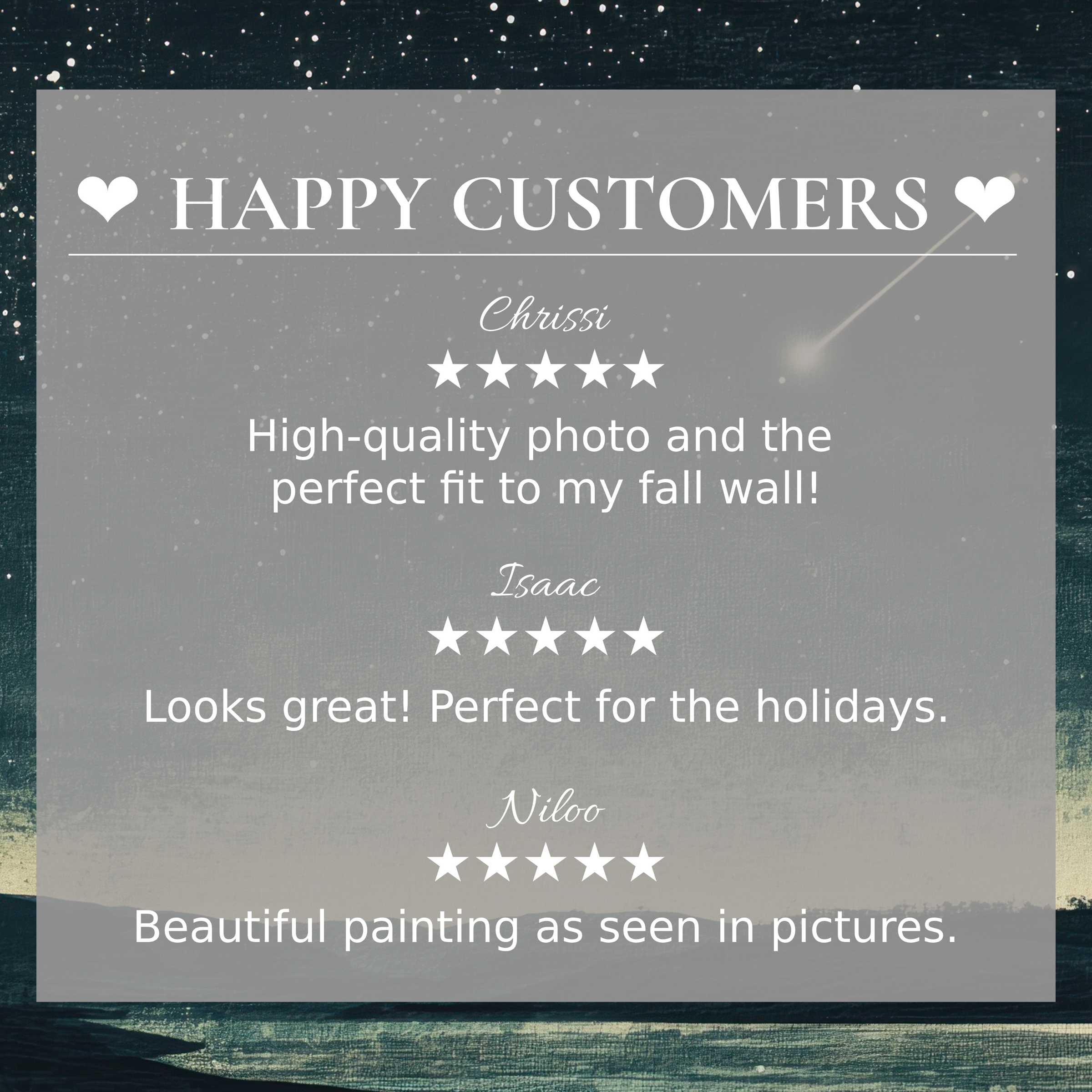 Minimalist art for Frame TV with starry sky background, showcasing happy customer reviews and refined elegance