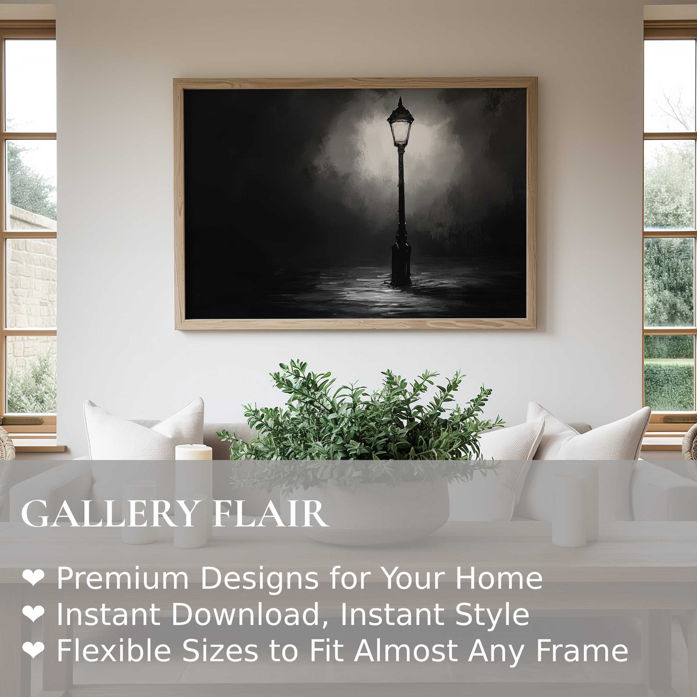 Black and white wall art print of a solitary streetlamp, evoking a bold, moody ambiance in a minimal Scandinavian living space