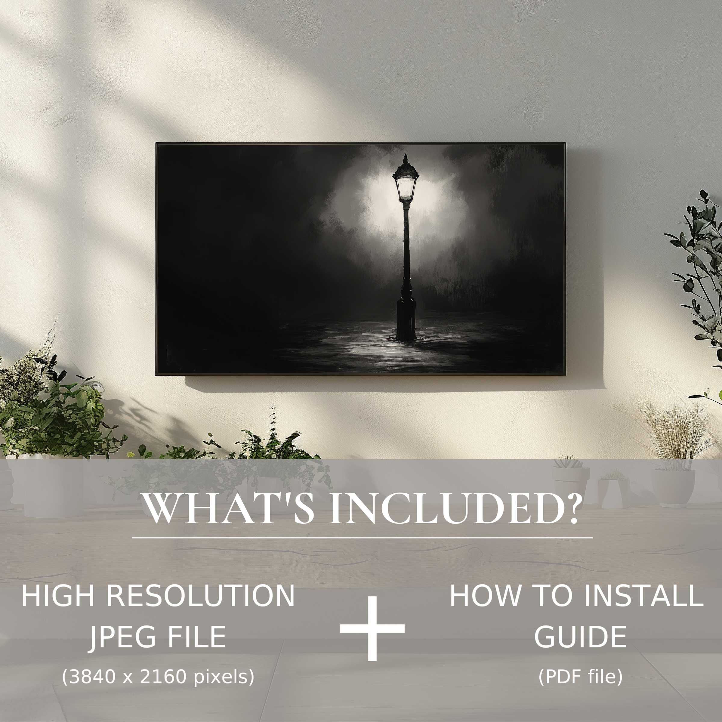 Elegant black and white digital TV art download, easily enhancing your modern living space with refined digital decor