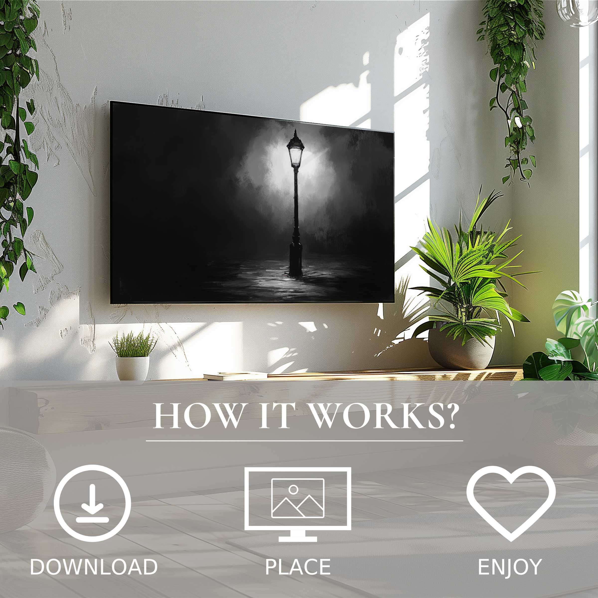 Modern living room with black and white art for Samsung TV featuring a glowing lamp post; easy digital download