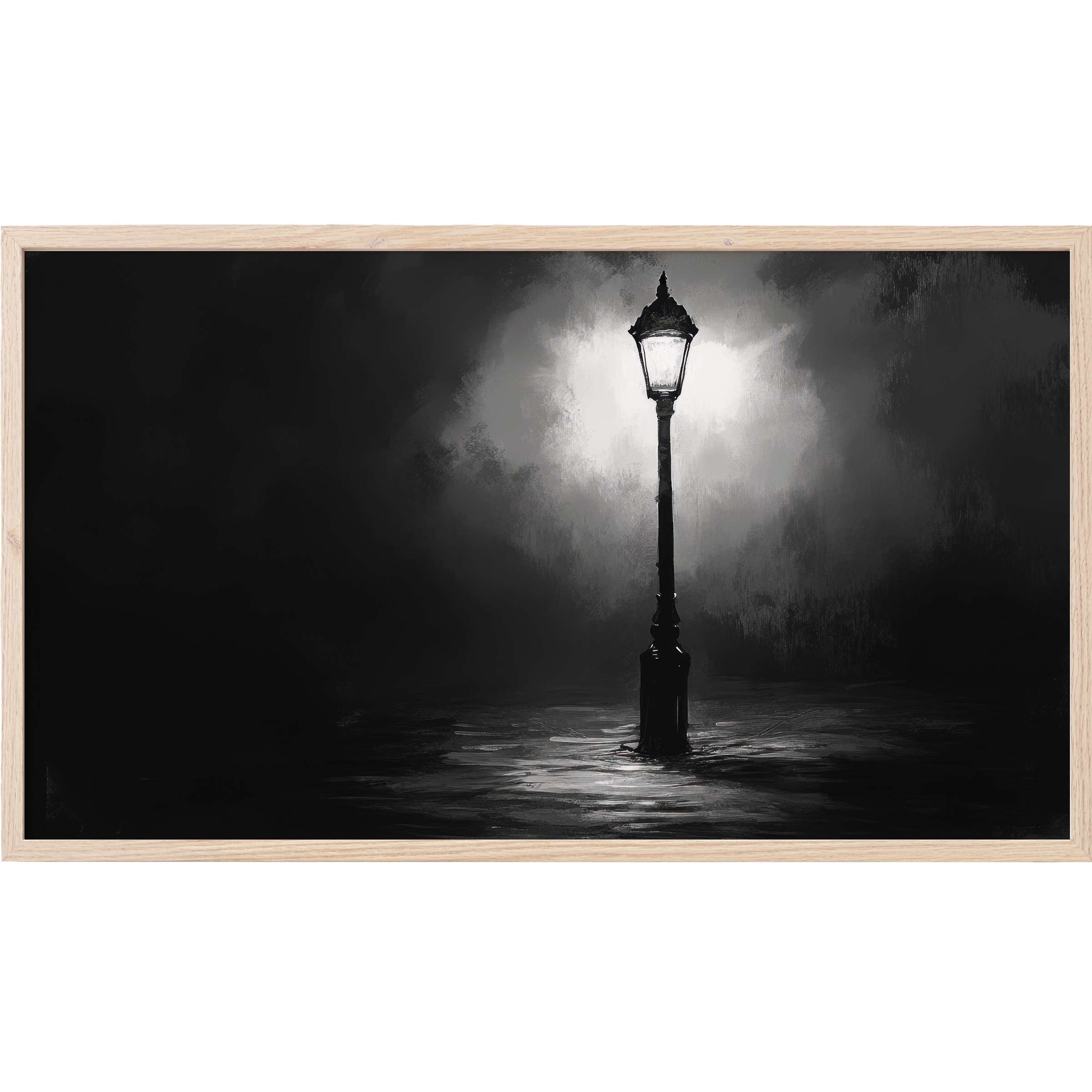 Minimalist black and white Frame TV Art depicting a glowing streetlamp with soft, moody shadows in modern style
