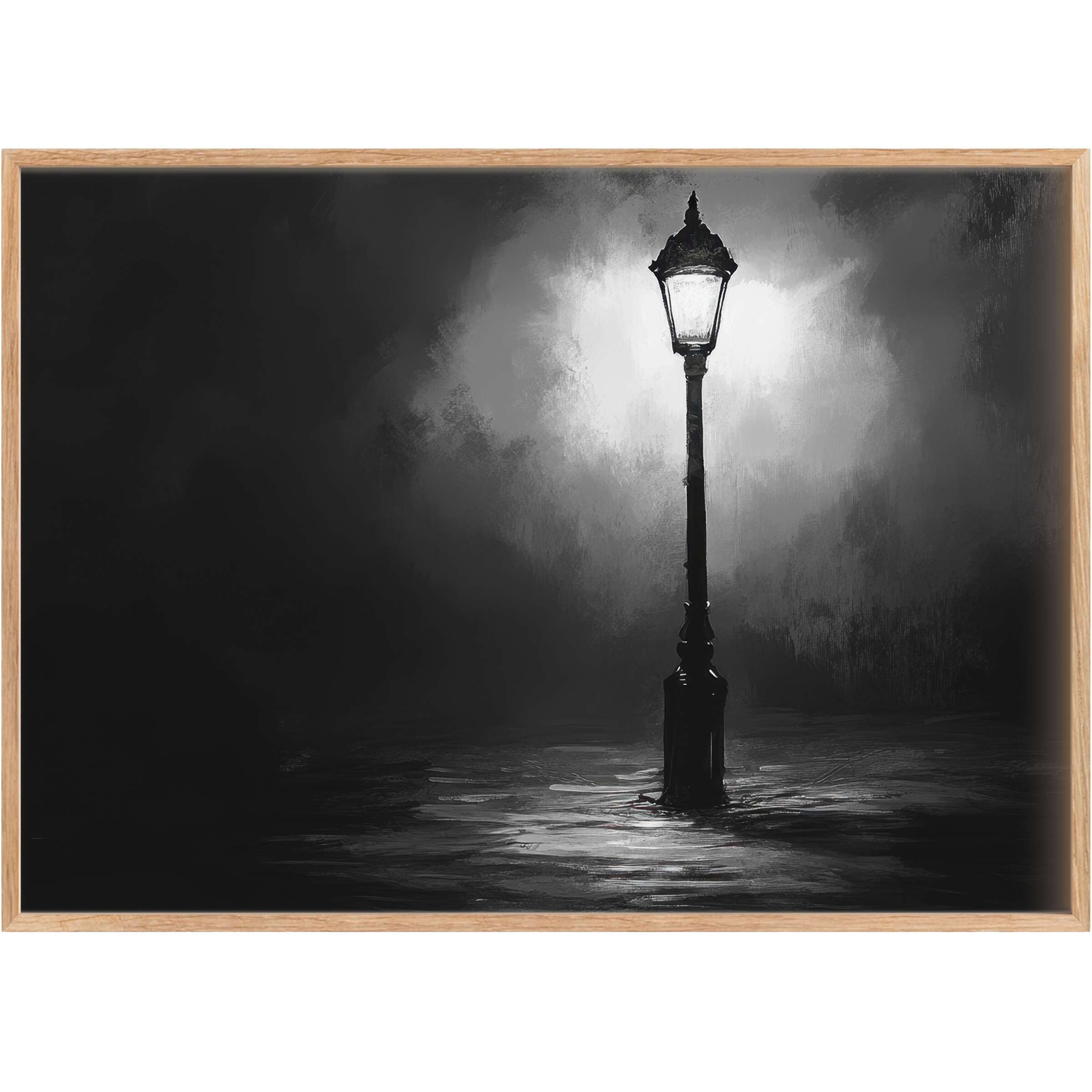Black and white printable wall art featuring a solitary glowing streetlamp, evoking a serene, contemplative midnight ambiance