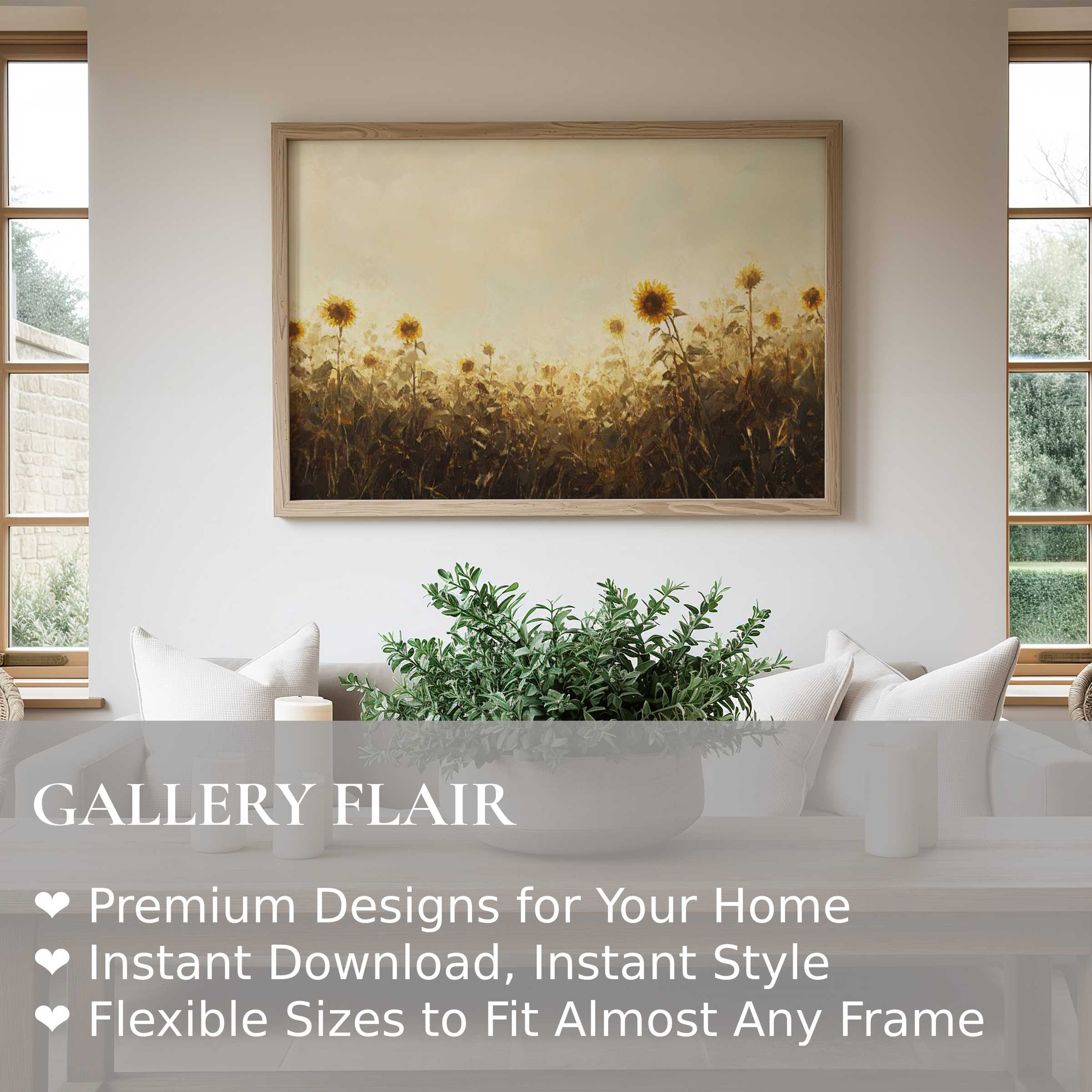 Elegant fall wall art print featuring radiant sunflowers in warm amber tones, enriching modern farmhouse interiors with timeless autumnal charm