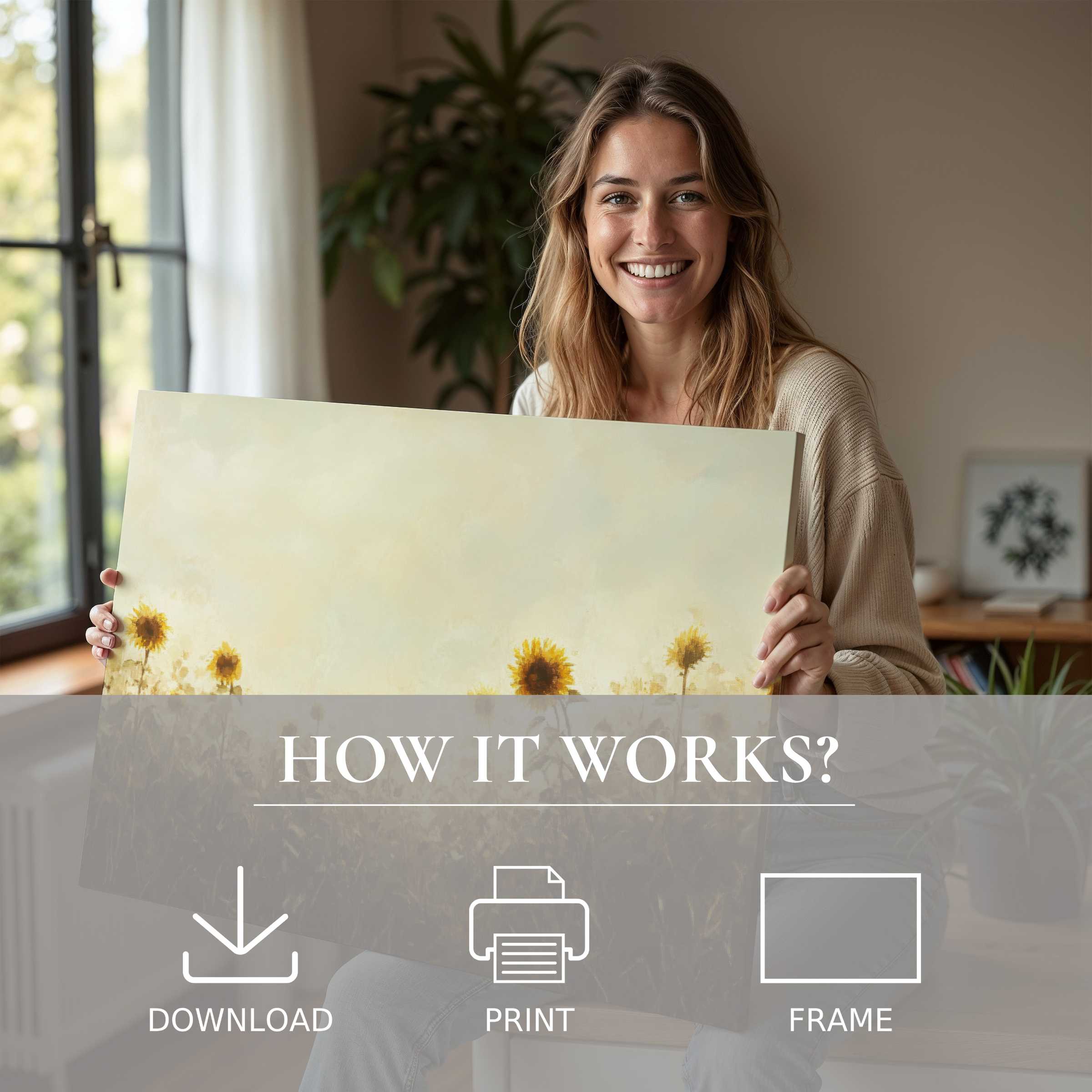 Woman radiating warmth and joy, embracing a fall digital art print of sunflowers in a sunlit, modern living space