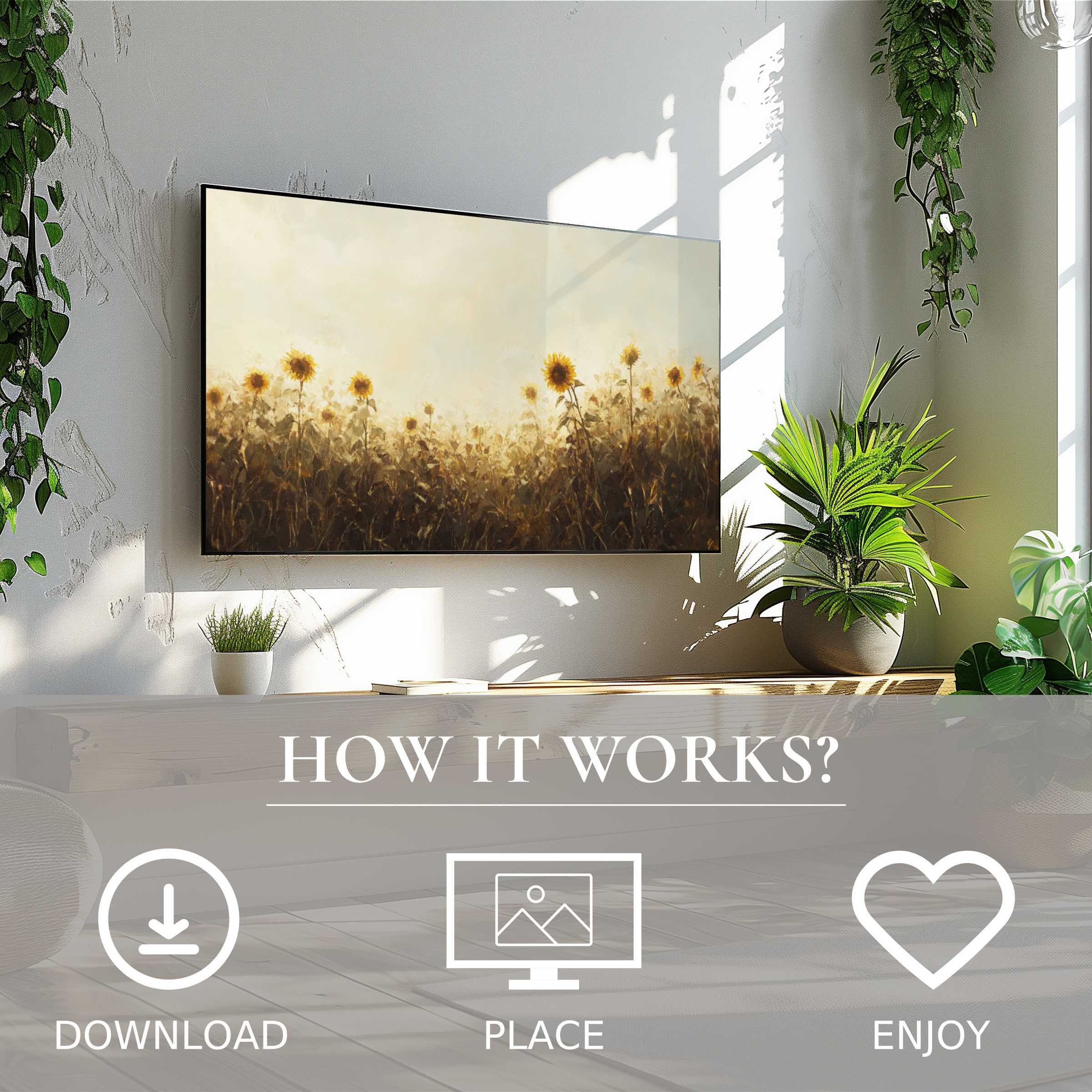 Fall art for Samsung TV shows warm sunflower hues with ease of digital download, enriching modern living spaces simply