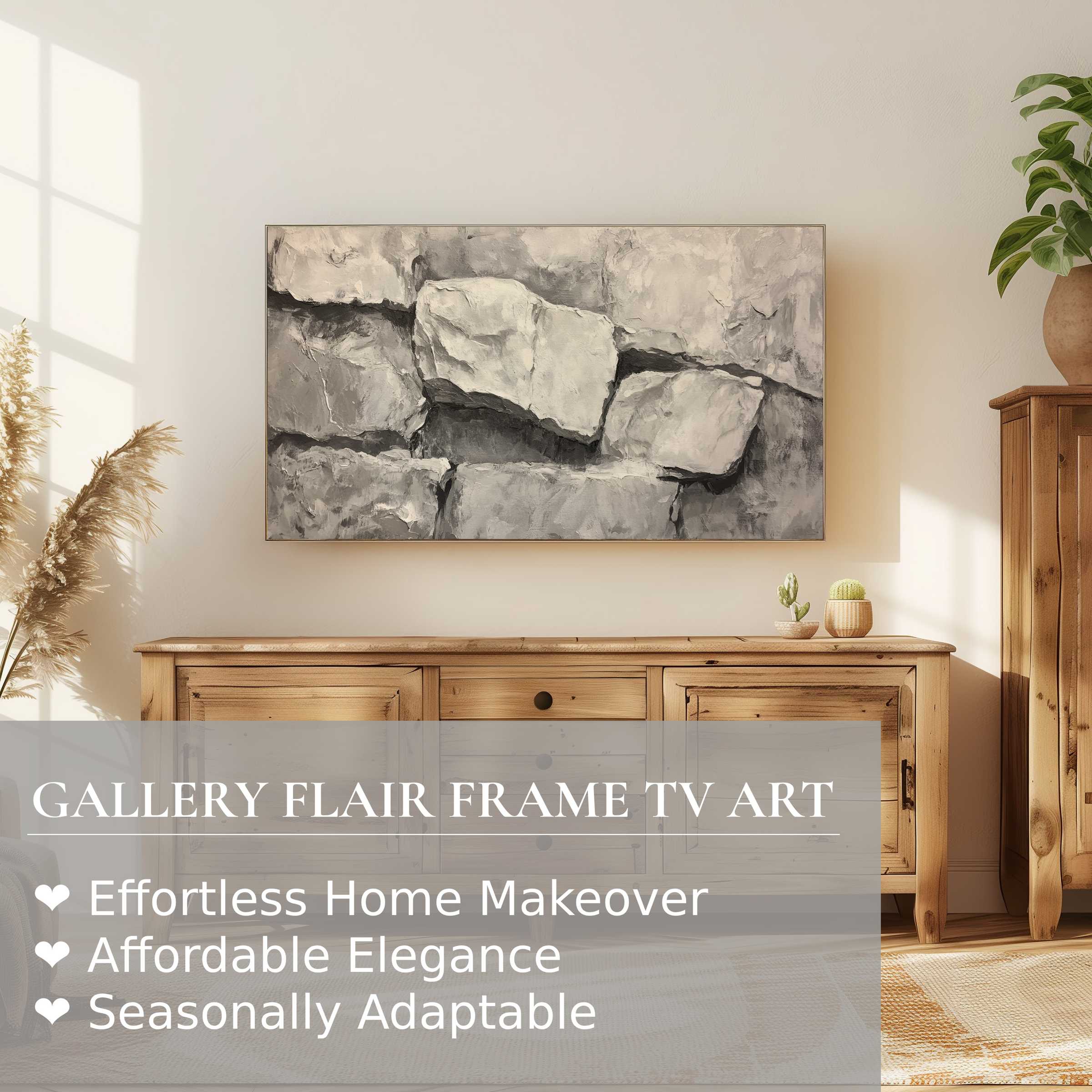 Samsung Frame TV displays neutral digital artwork of textured stone in a sunlit, elegant, modern natural wood setting