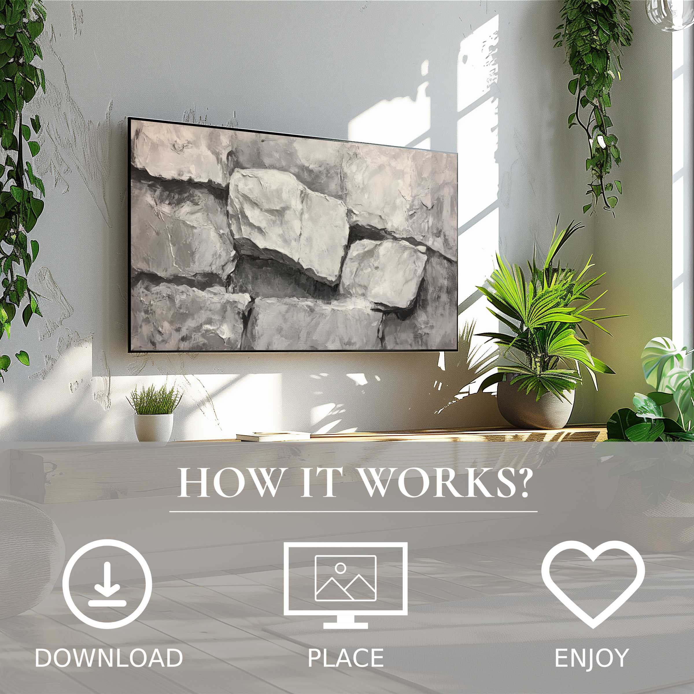 Neutral art for Samsung TV shows soft stone texture; easy digital download enriches modern, bright living spaces with style