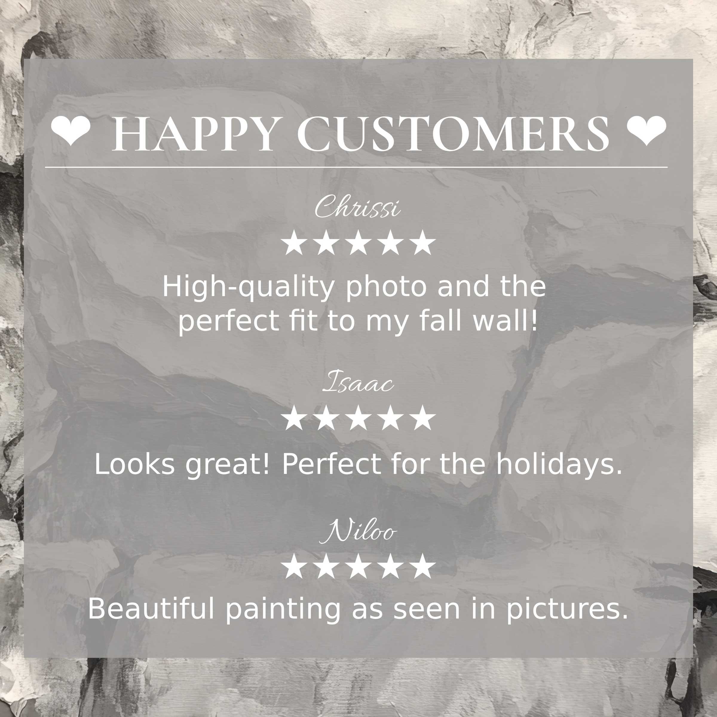 Neutral art for Frame TV with abstract gray tones, showcasing happy customer reviews and elegant design trust