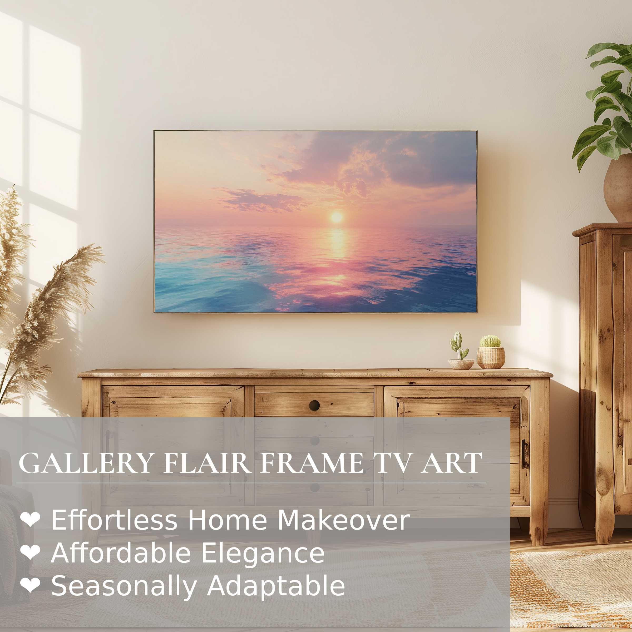 Samsung Frame TV displays serene landscape digital artwork of a pastel ocean sunset in an elegant modern room