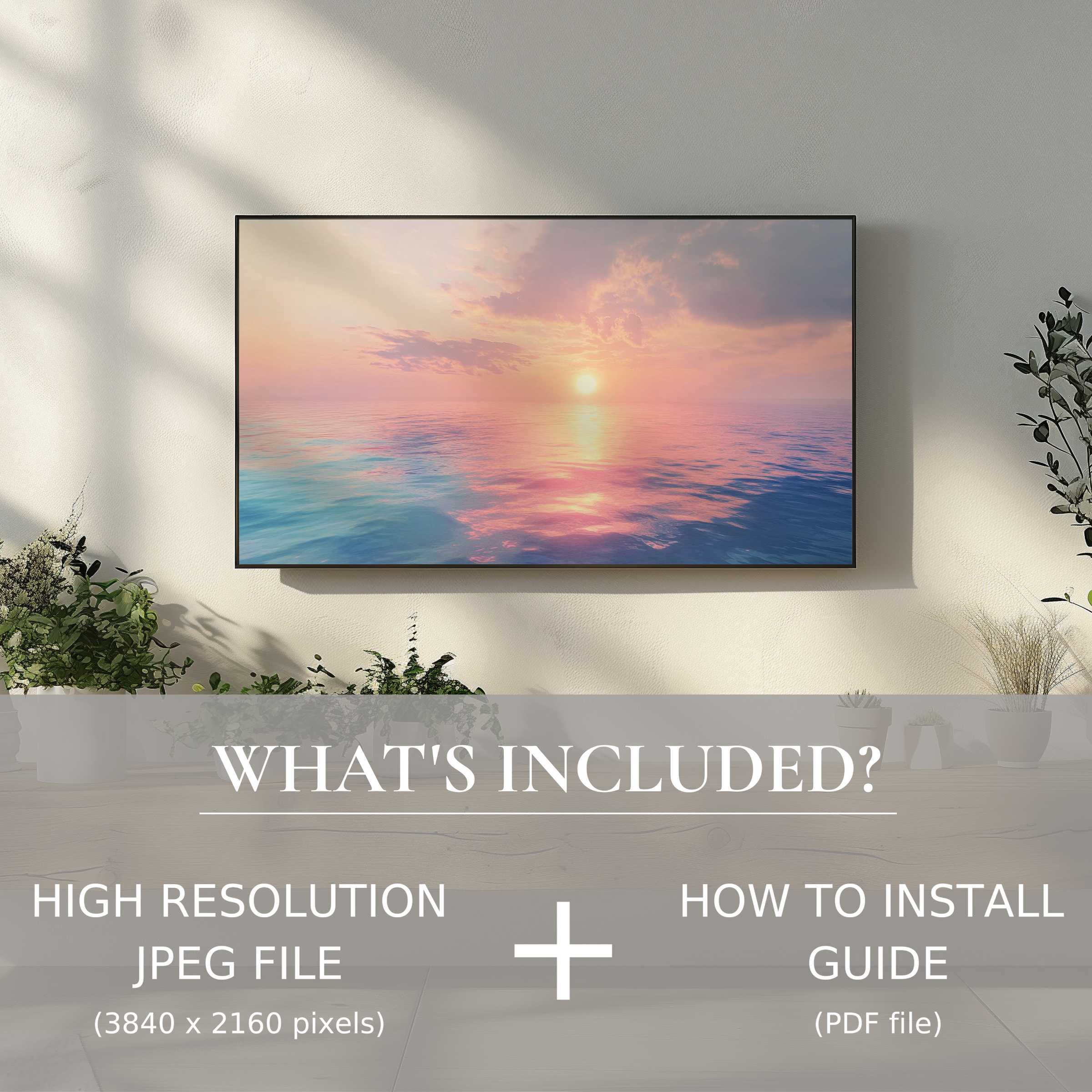 Elegant living room featuring a landscape digital TV art download, easy to use, enhancing any modern space