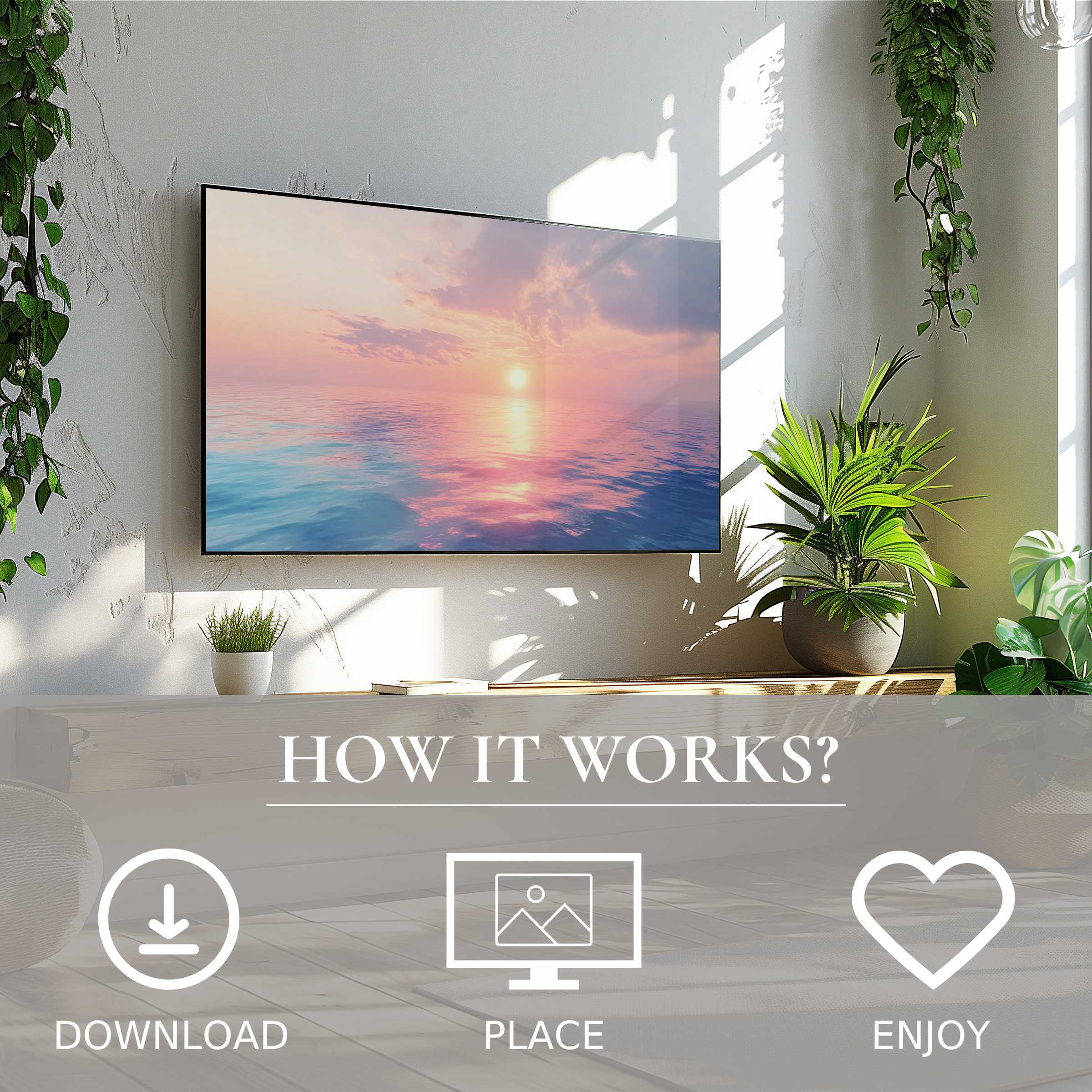Modern living room with landscape art for Samsung TV; soft sunset tones enhance space, easy digital download
