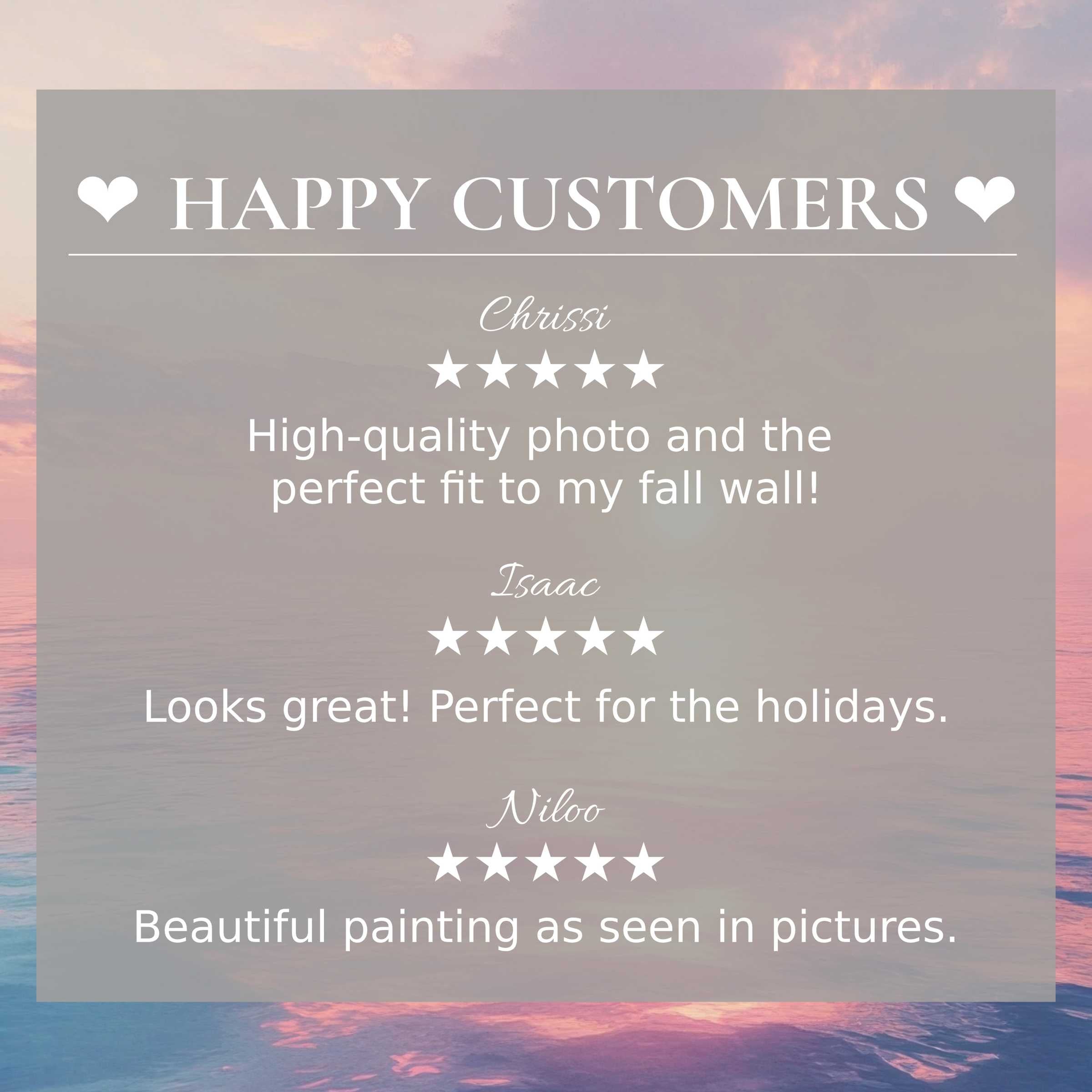 Positive happy customer reviews over abstract sunset colors, landscape art for Frame TV, inspiring trust and elegance
